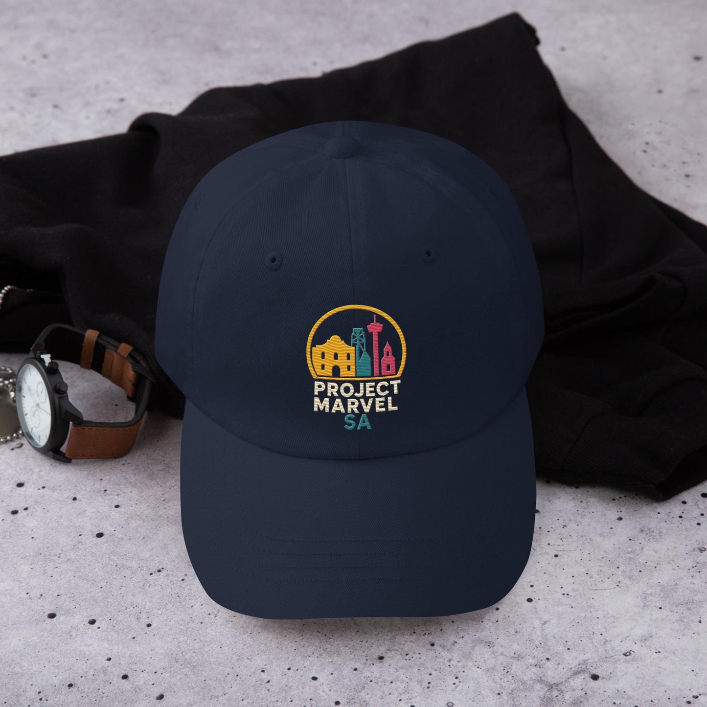 Project Marvel SA cap – San Antonio Skyline hat | Neon Alamo Design | Spurs Colors | Texas Pride Cap