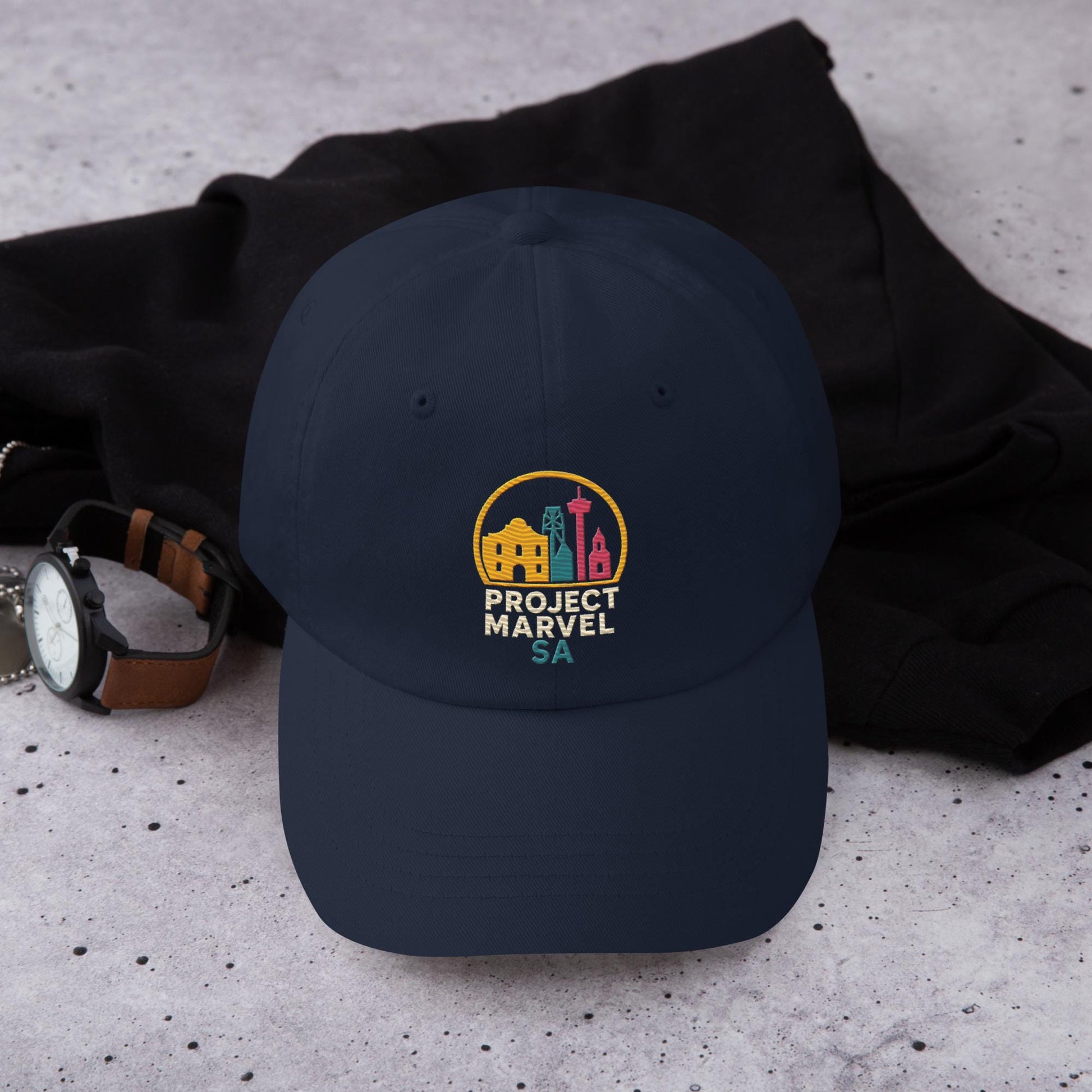 Project Marvel SA cap – San Antonio Skyline hat | Neon Alamo Design | Spurs Colors | Texas Pride Cap