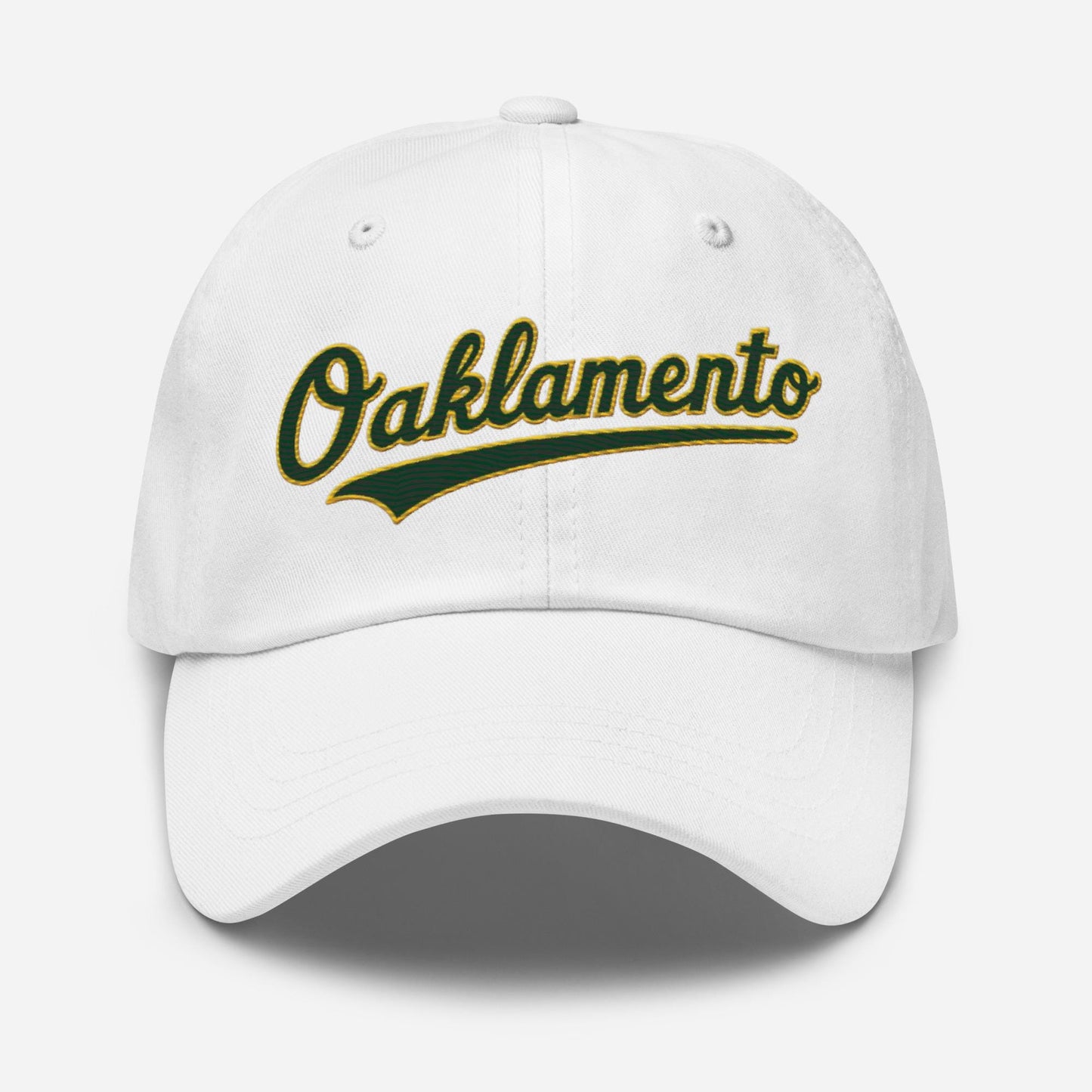 Oaklamento Hat (green letters/gold trim)– Embroidered Baseball Cap for A’s Fans | Oakland to Sacramento Relocation Cap