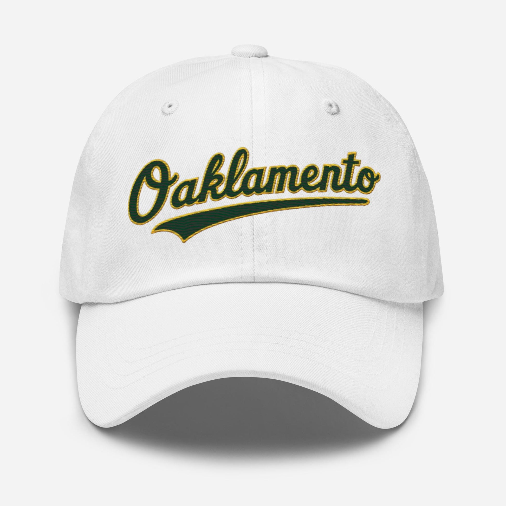 Oaklamento Hat (green letters/gold trim)– Embroidered Baseball Cap for A’s Fans | Oakland to Sacramento Relocation Cap