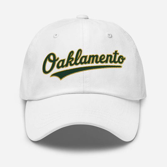 Oaklamento Hat (green letters/gold trim)– Embroidered Baseball Cap for A’s Fans | Oakland to Sacramento Relocation Cap