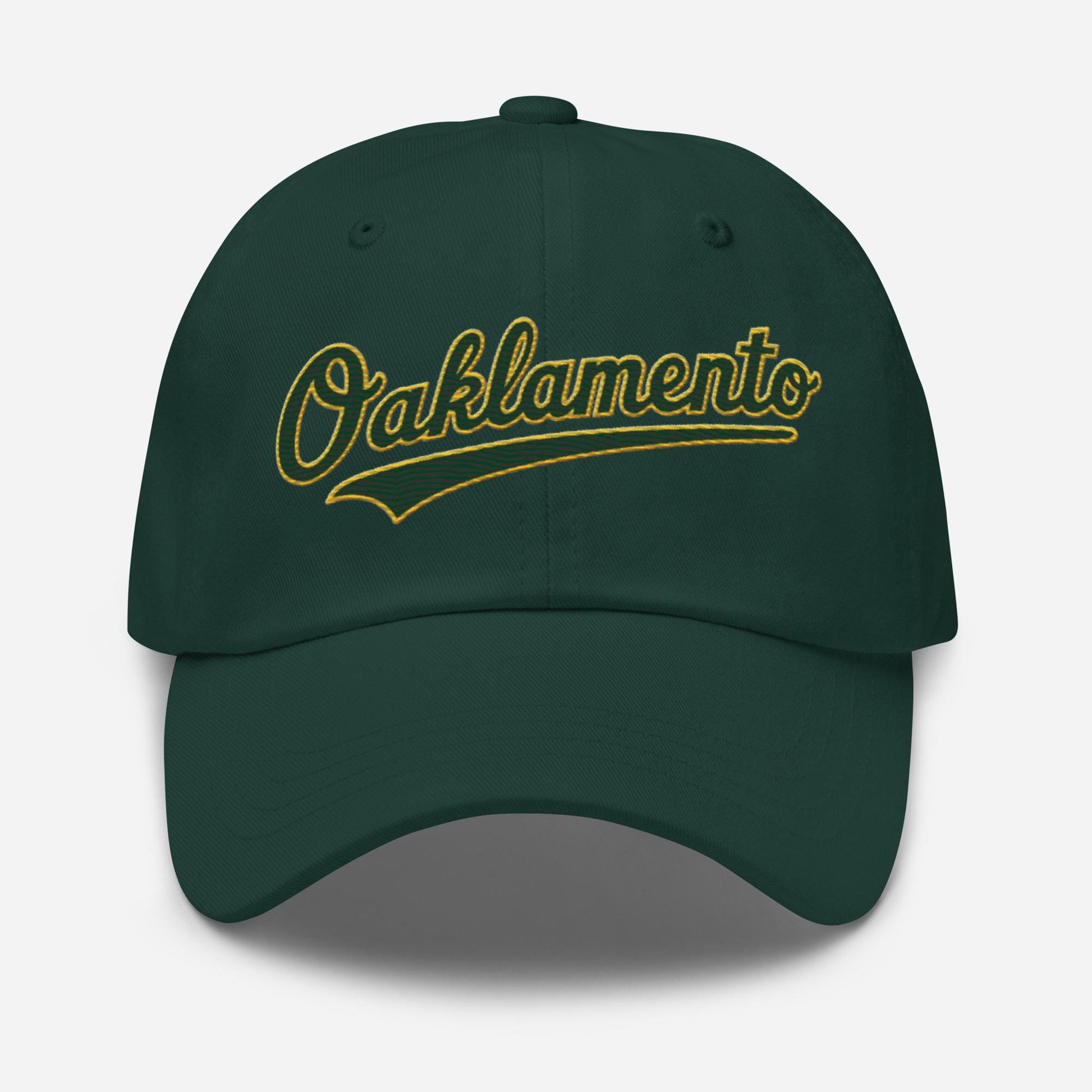 Oaklamento Hat (green letters/gold trim)– Embroidered Baseball Cap for A’s Fans | Oakland to Sacramento Relocation Cap
