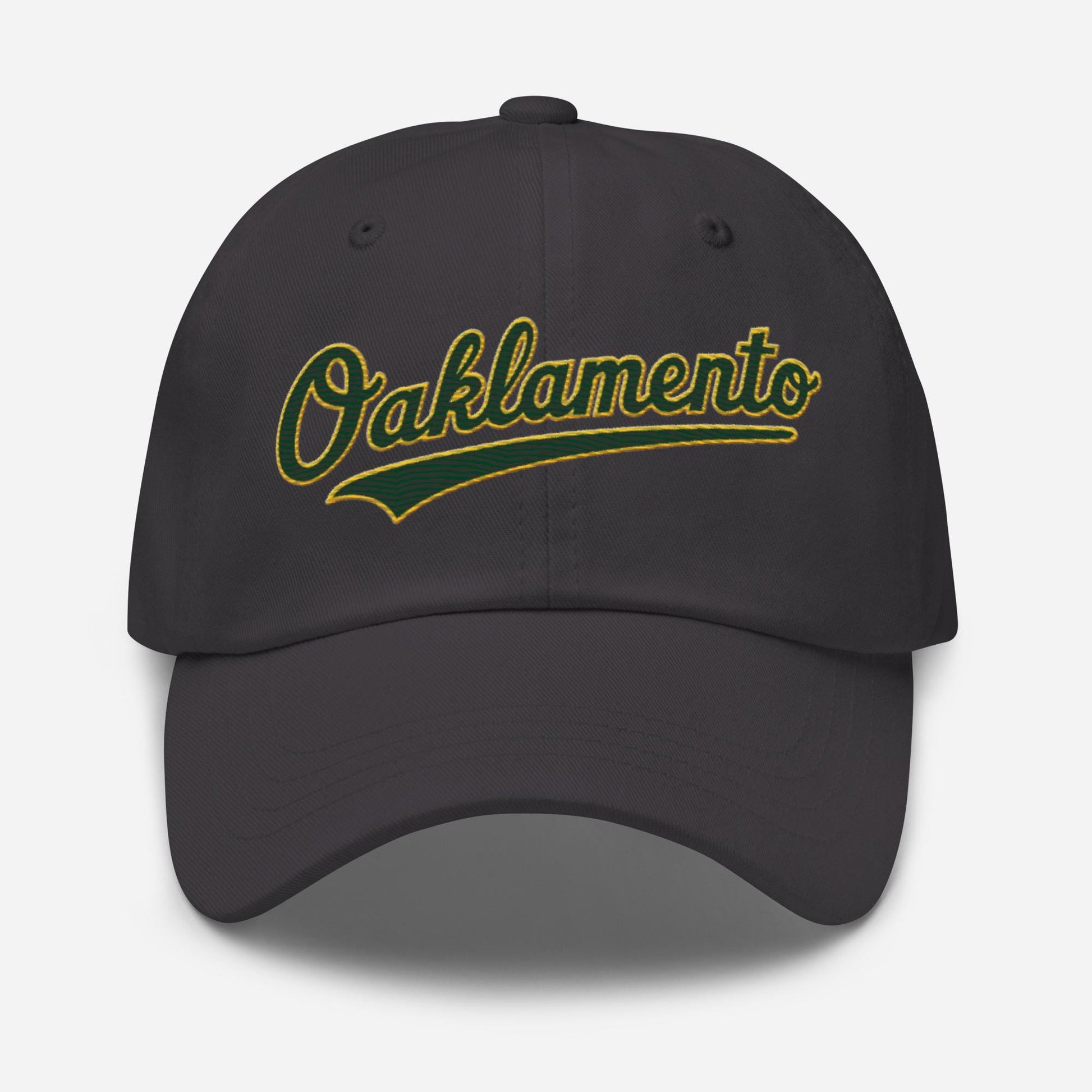 Oaklamento Hat (green letters/gold trim)– Embroidered Baseball Cap for A’s Fans | Oakland to Sacramento Relocation Cap