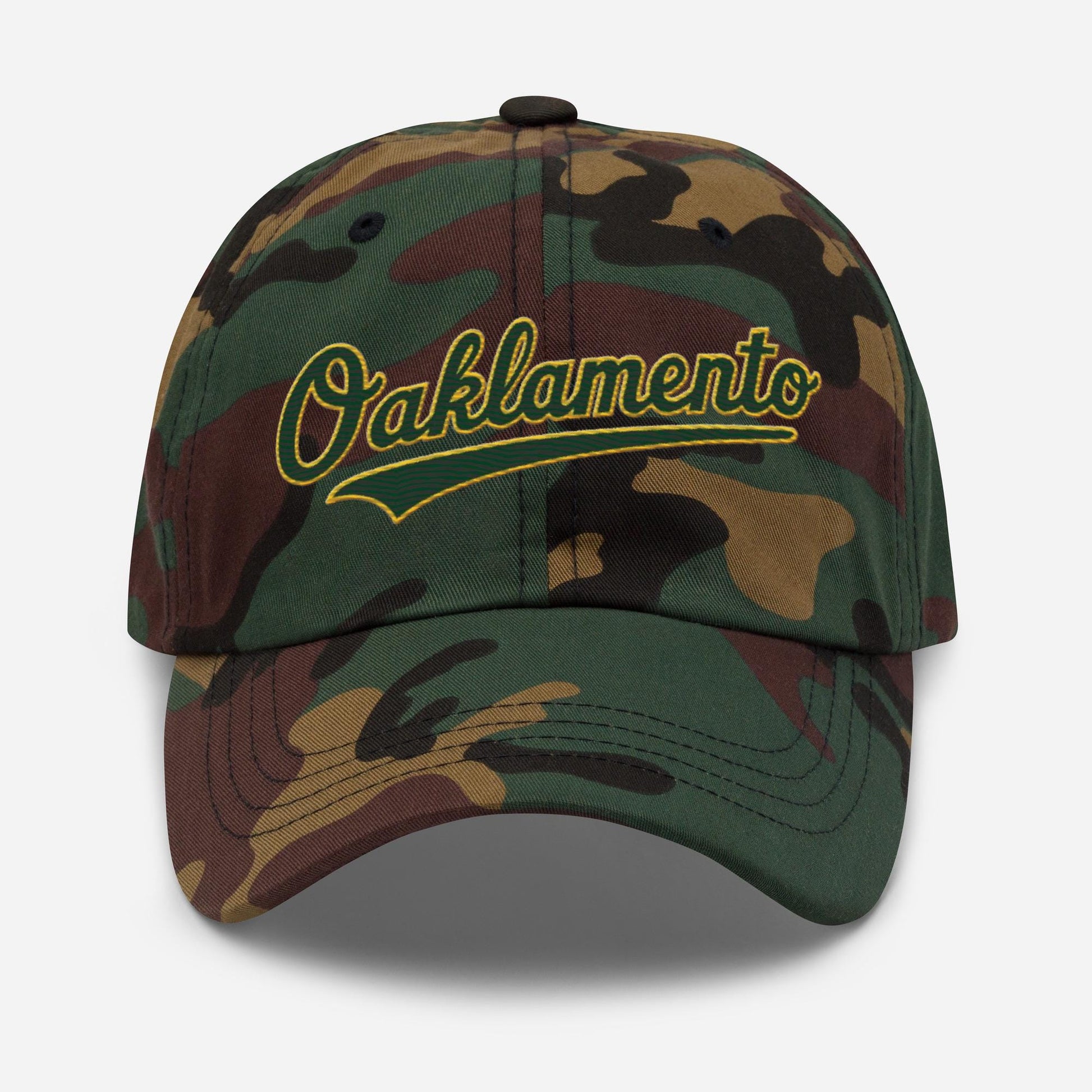 Oaklamento Hat (green letters/gold trim)– Embroidered Baseball Cap for A’s Fans | Oakland to Sacramento Relocation Cap