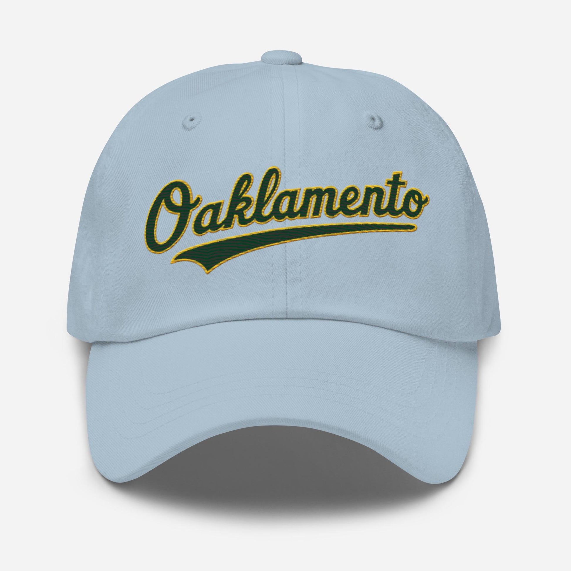 Oaklamento Hat (green letters/gold trim)– Embroidered Baseball Cap for A’s Fans | Oakland to Sacramento Relocation Cap