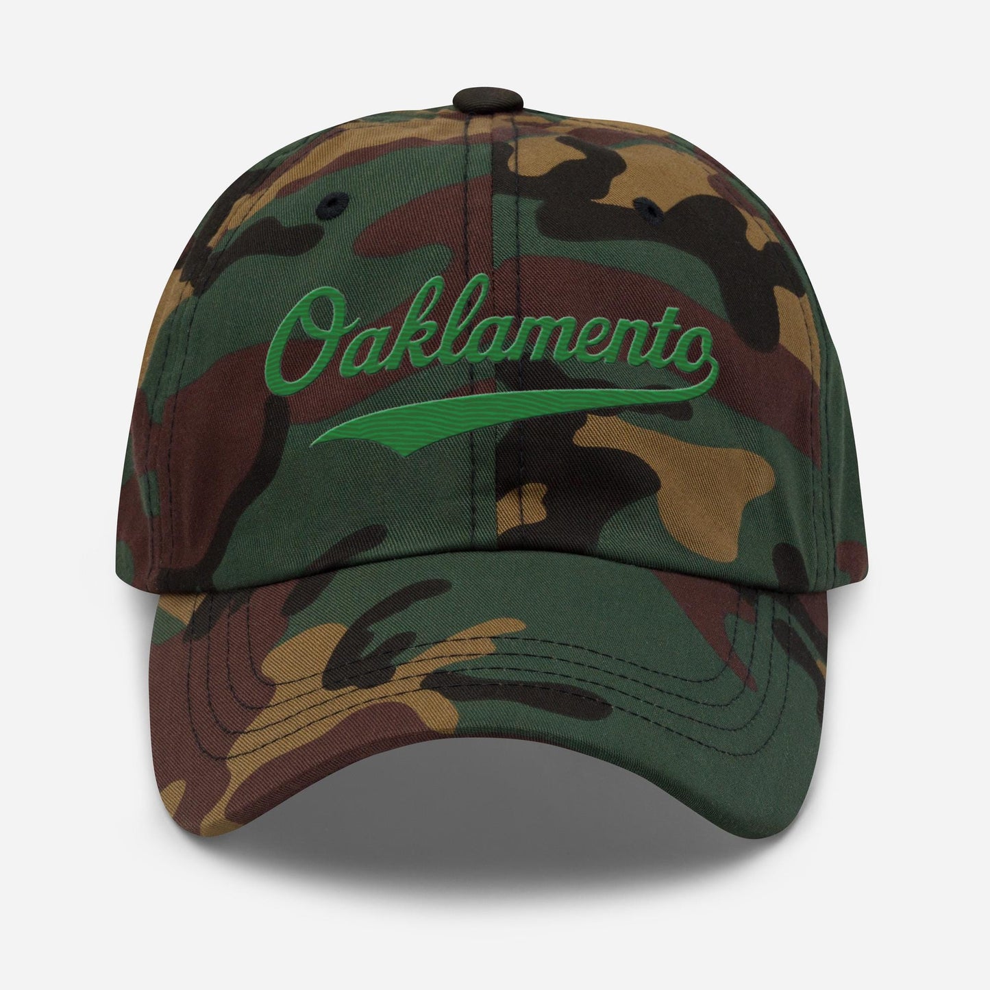 Oaklamento Hat (green letters) – Embroidered Baseball Cap for A’s Fans | Oakland to Sacramento Relocation Cap