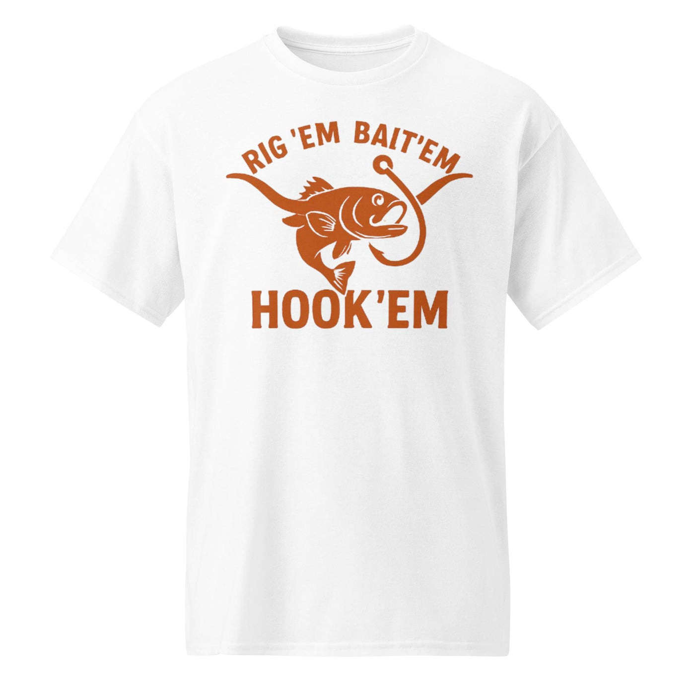 Rig Em Bait Em Hook Em Shirt – Texas Longhorn Fishing Tee – Hook ‘Em Outdoors Shirt –  Texas Sportsman Gift – Dad Hat – DryBlend® T-Shirt