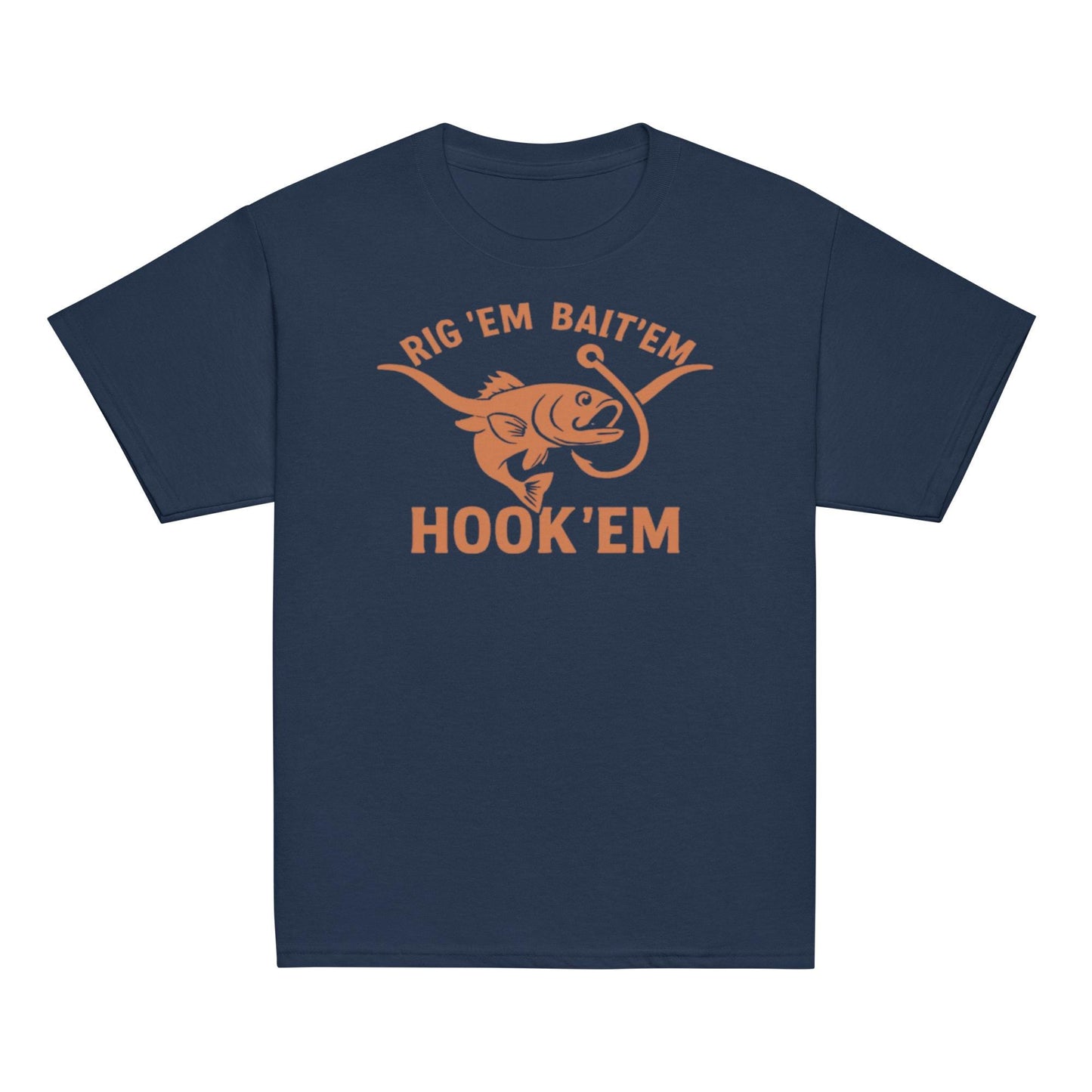 Rig Em Bait Em Hook Em Kids Shirt – Funny Texas Fishing Tee – Longhorn Style Youth Shirt – Southern Outdoors Kid Gift-Youth classic tee