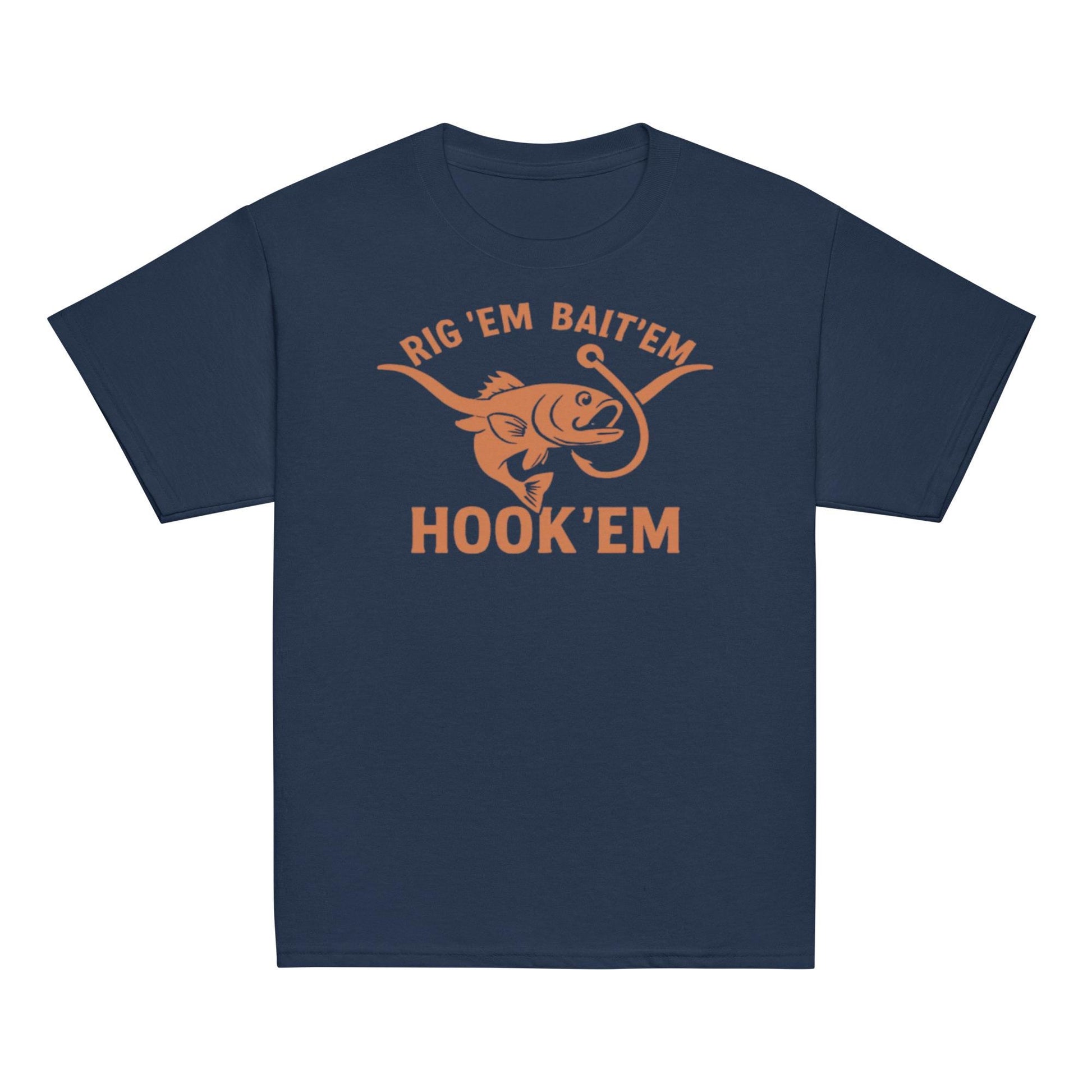 Rig Em Bait Em Hook Em Kids Shirt – Funny Texas Fishing Tee – Longhorn Style Youth Shirt – Southern Outdoors Kid Gift-Youth classic tee