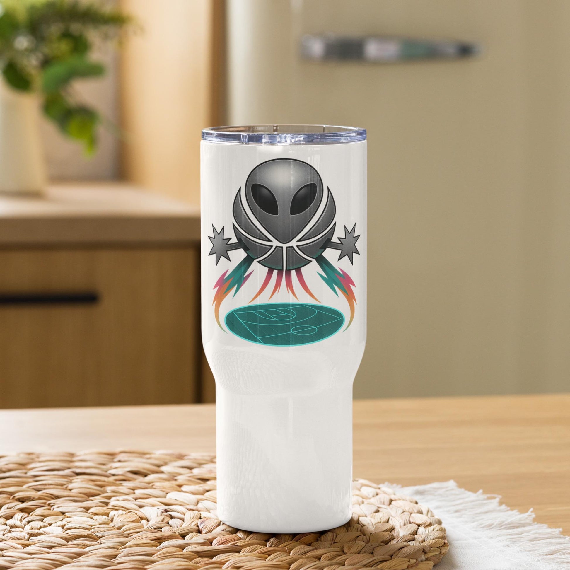 Wembalien Glow Court Tumbler | Spurs UFO Basketball Design | Travel mug with a handle