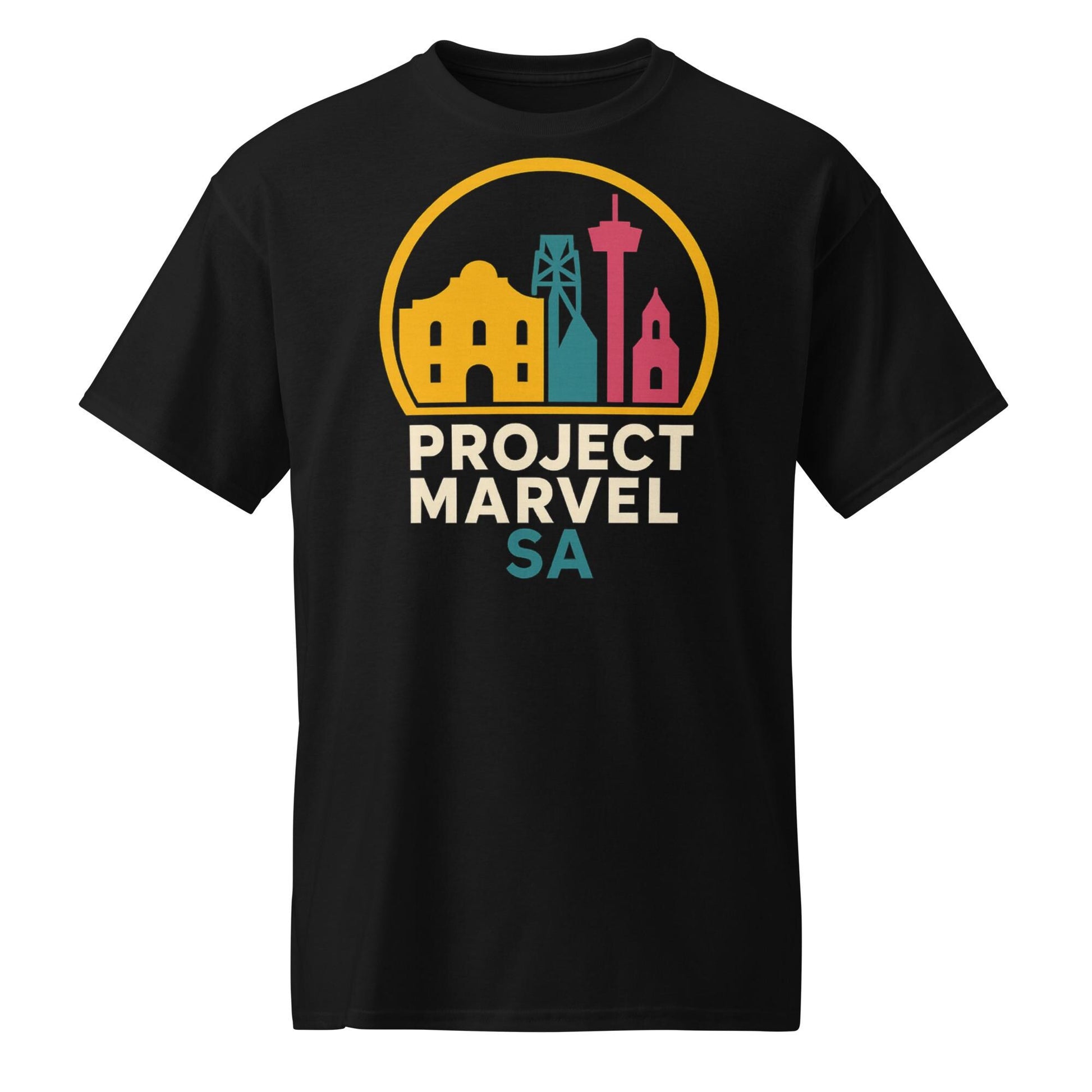 Project Marvel SA Shirt – San Antonio Skyline Tee | Neon Alamo Design | Spurs Colors | Texas Pride Shirt-DryBlend® T-Shirt