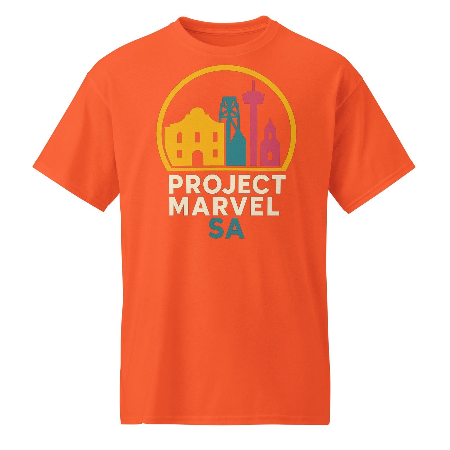 Project Marvel SA Shirt – San Antonio Skyline Tee | Neon Alamo Design | Spurs Colors | Texas Pride Shirt-DryBlend® T-Shirt