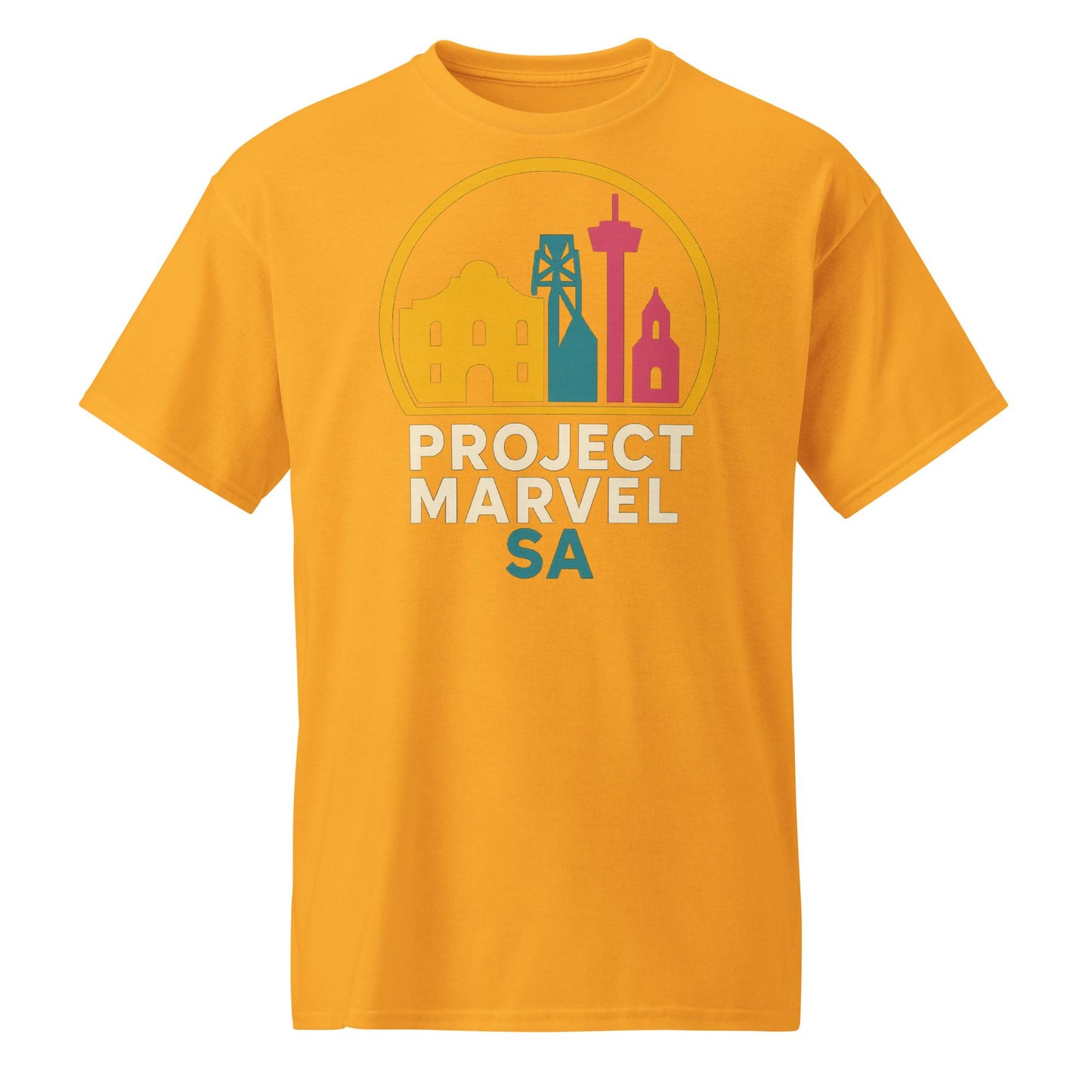 Project Marvel SA Shirt – San Antonio Skyline Tee | Neon Alamo Design | Spurs Colors | Texas Pride Shirt-DryBlend® T-Shirt