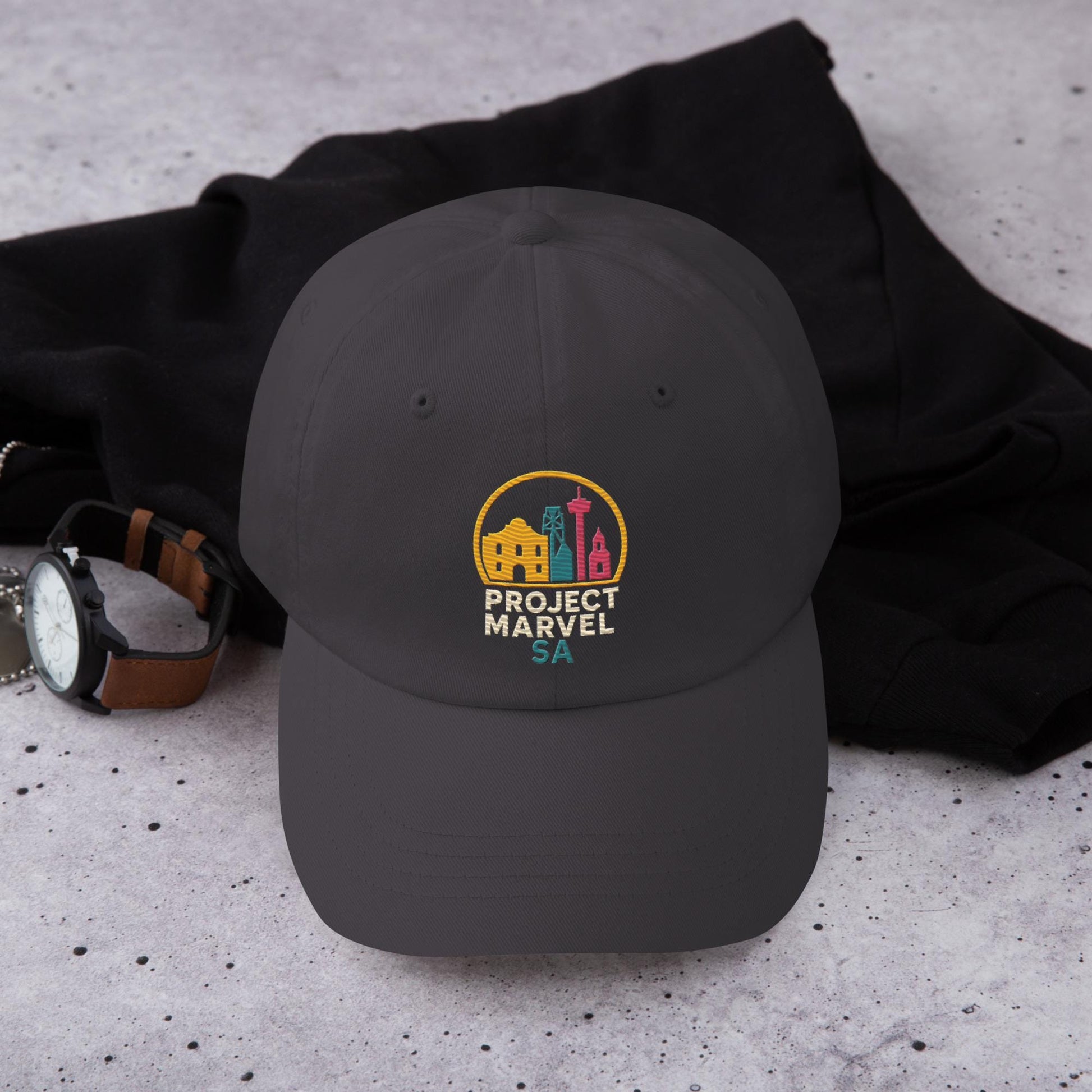 Project Marvel SA cap – San Antonio Skyline hat | Neon Alamo Design | Spurs Colors | Texas Pride Cap