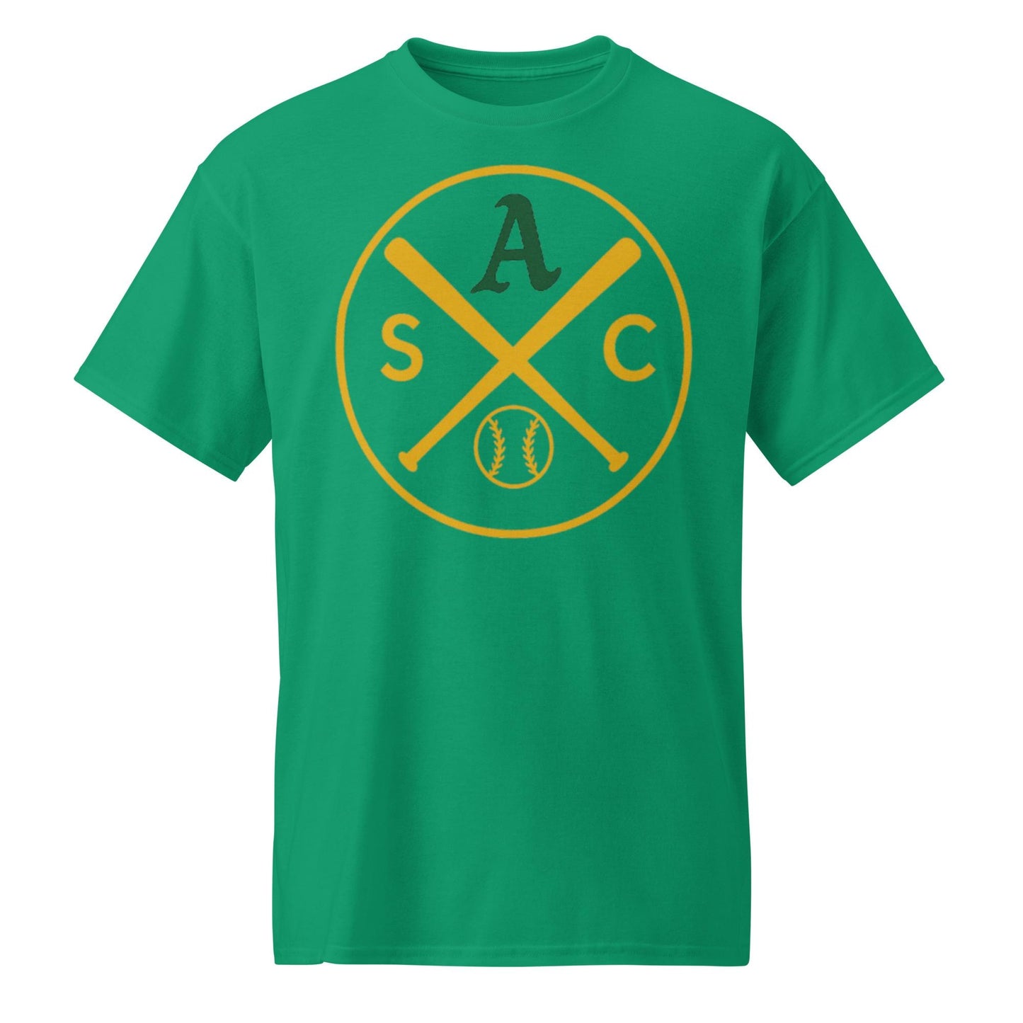 SAC Baseball Logo Shirt – Sacramento Baseball Tee (Green A, Gold Logo)