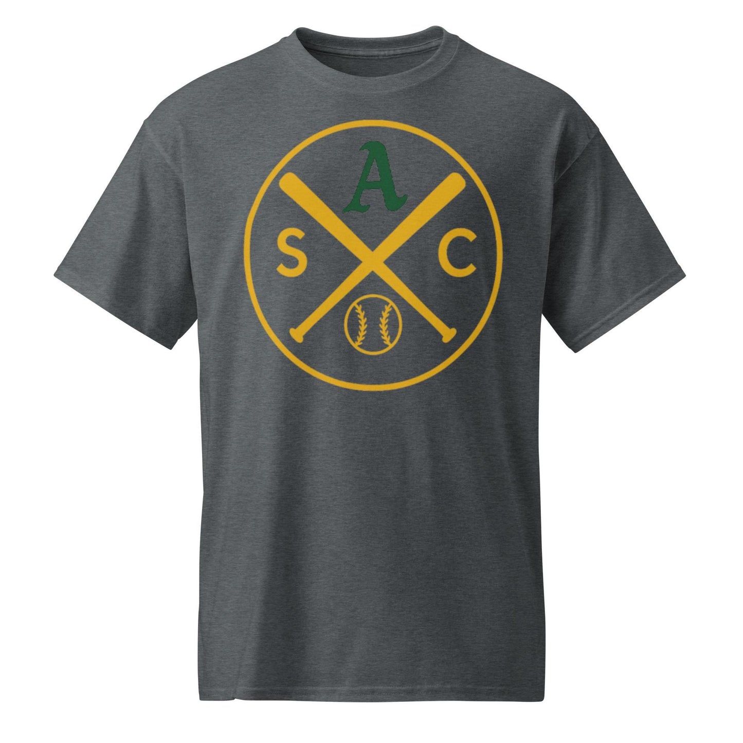 SAC Baseball Logo Shirt – Sacramento Baseball Tee (Green A, Gold Logo)