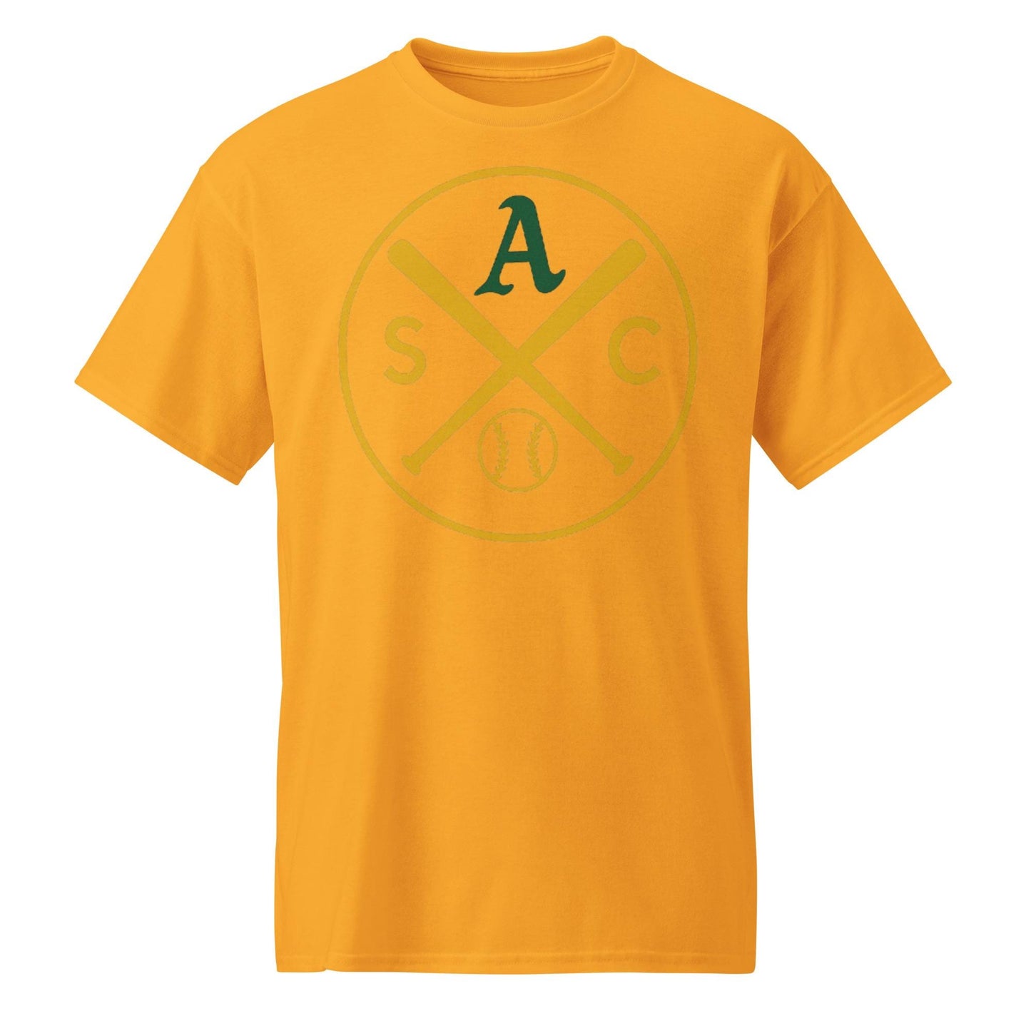 SAC Baseball Logo Shirt – Sacramento Baseball Tee (Green A, Gold Logo)