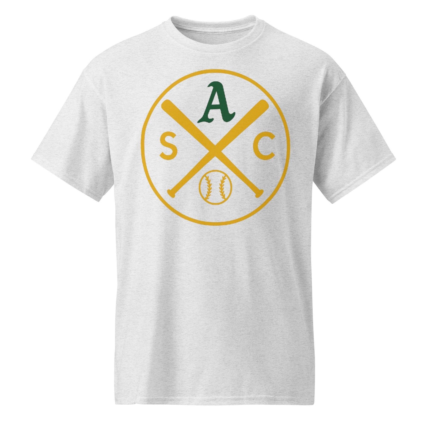 SAC Baseball Logo Shirt – Sacramento Baseball Tee (Green A, Gold Logo)
