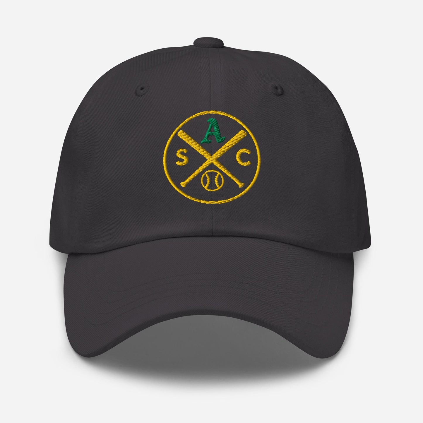 SAC Baseball Logo Cap – Sacramento Baseball Fan Hat (green A, gold logo)