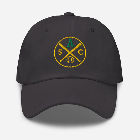 SAC Baseball Logo Cap – Sacramento Baseball Fan Hat (green A, gold logo)