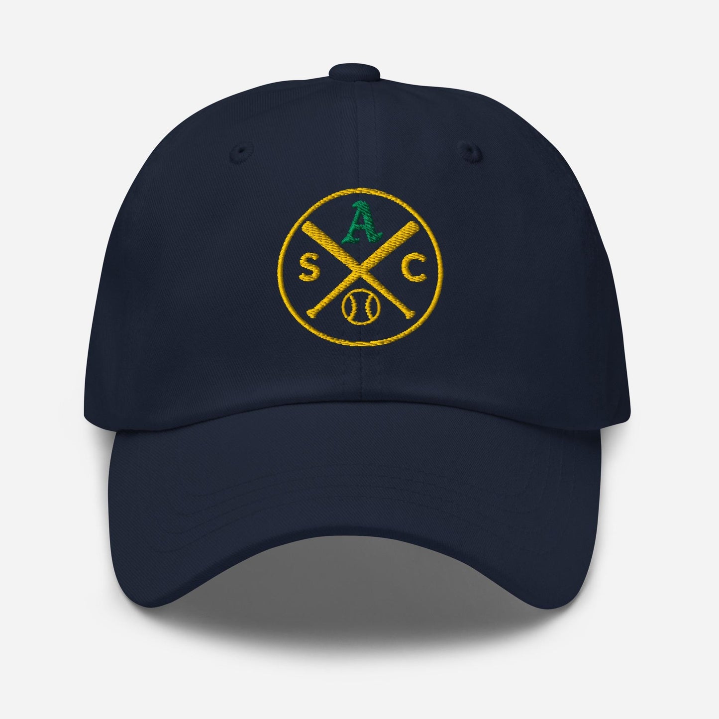 SAC Baseball Logo Cap – Sacramento Baseball Fan Hat (green A, gold logo)