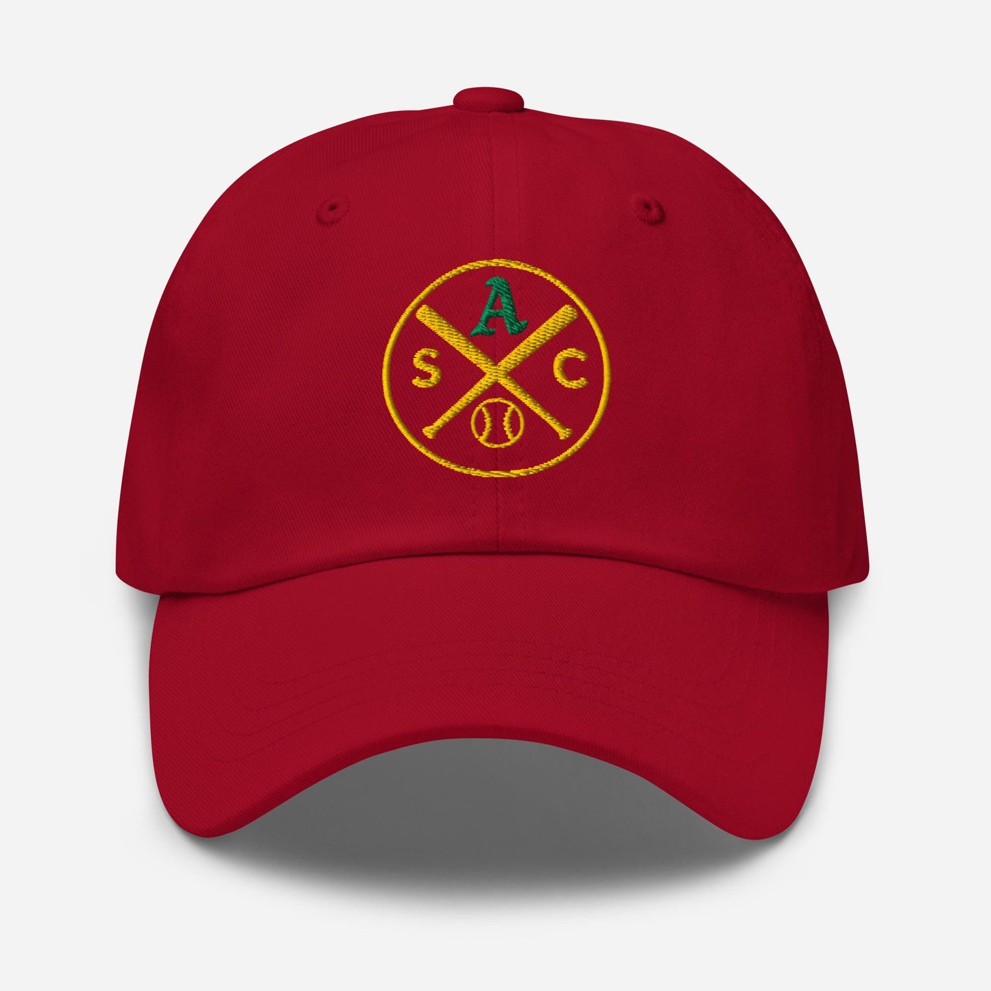 SAC Baseball Logo Cap – Sacramento Baseball Fan Hat (green A, gold logo)
