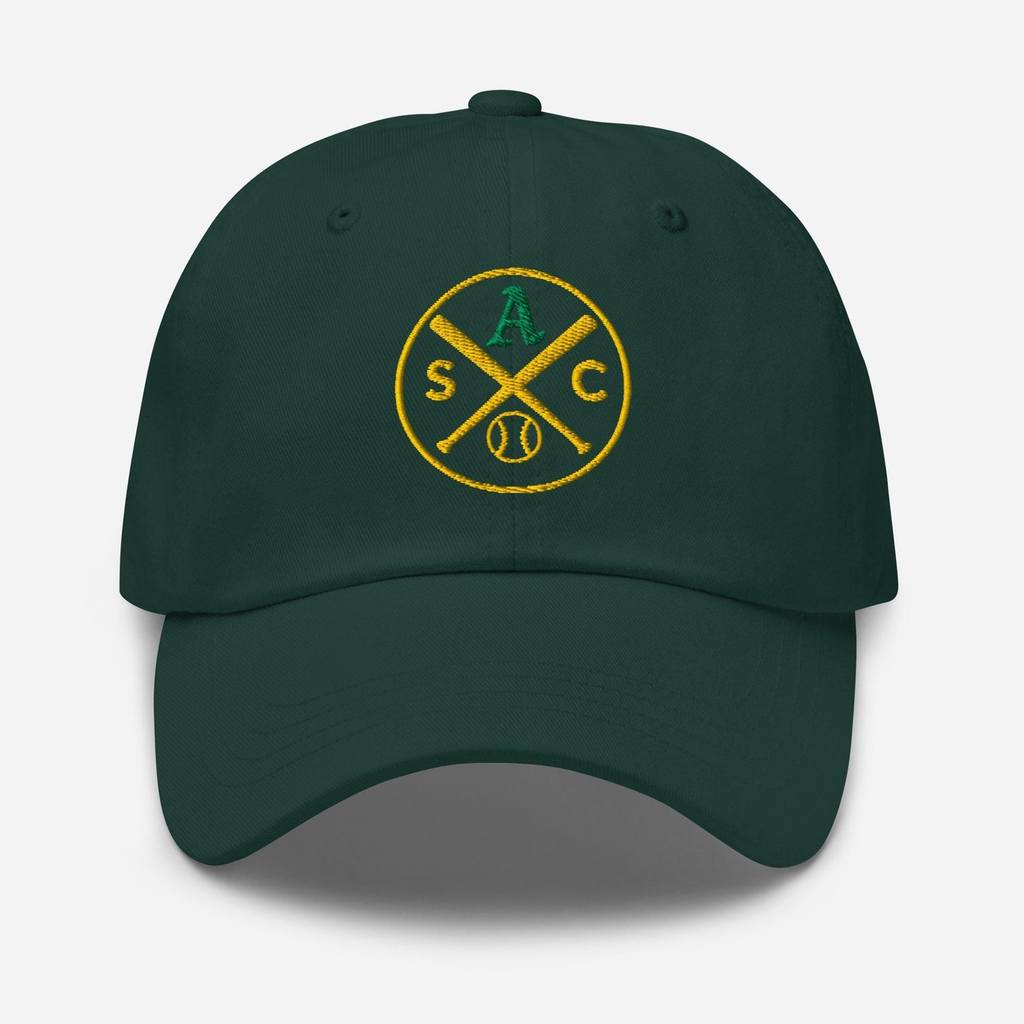 SAC Baseball Logo Cap – Sacramento Baseball Fan Hat (green A, gold logo)