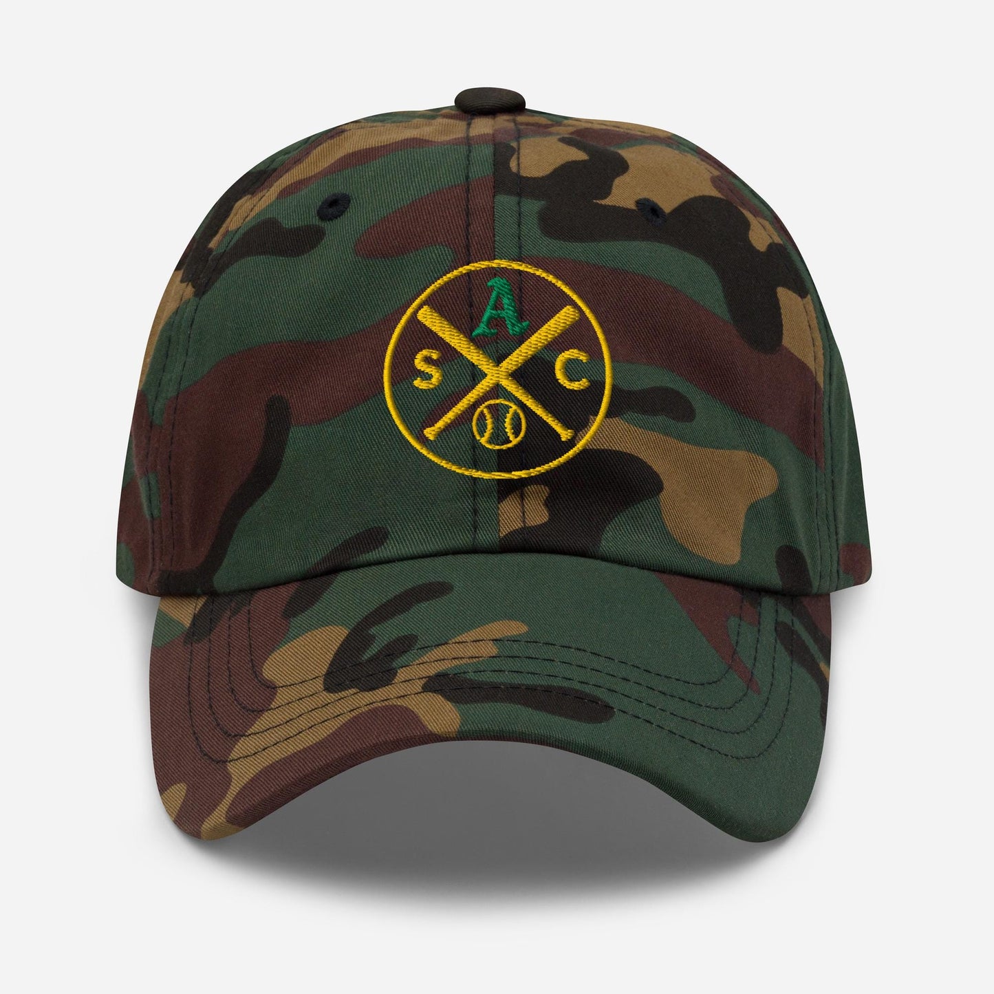 SAC Baseball Logo Cap – Sacramento Baseball Fan Hat (green A, gold logo)