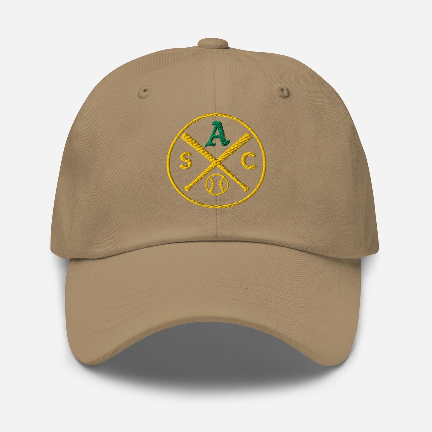 SAC Baseball Logo Cap – Sacramento Baseball Fan Hat (green A, gold logo)