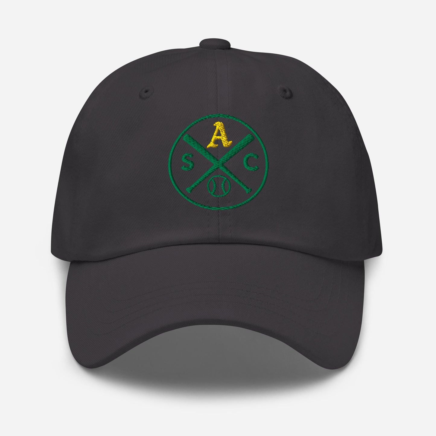 SAC Baseball Logo Cap – Sacramento Baseball Fan Hat (gold A, green logo)