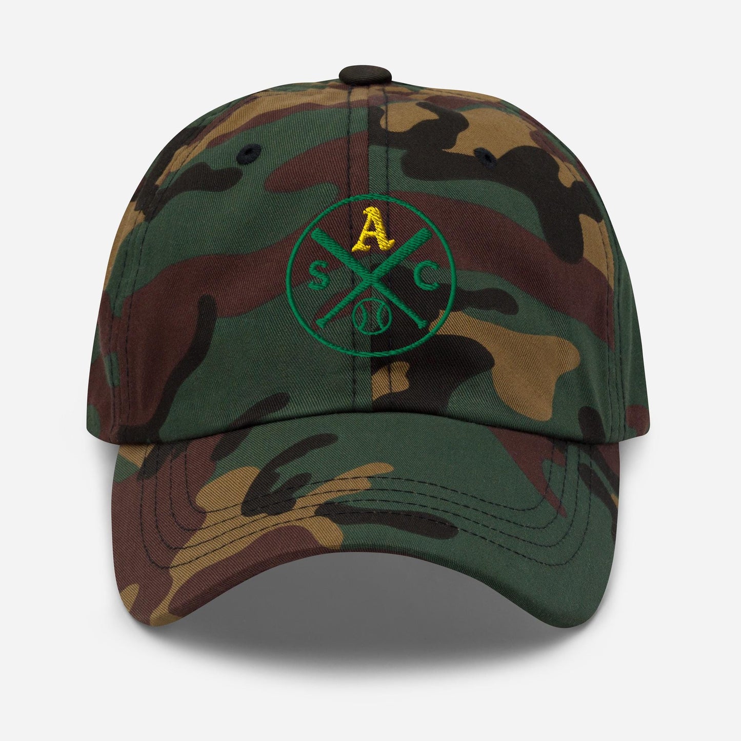 SAC Baseball Logo Cap – Sacramento Baseball Fan Hat (gold A, green logo)
