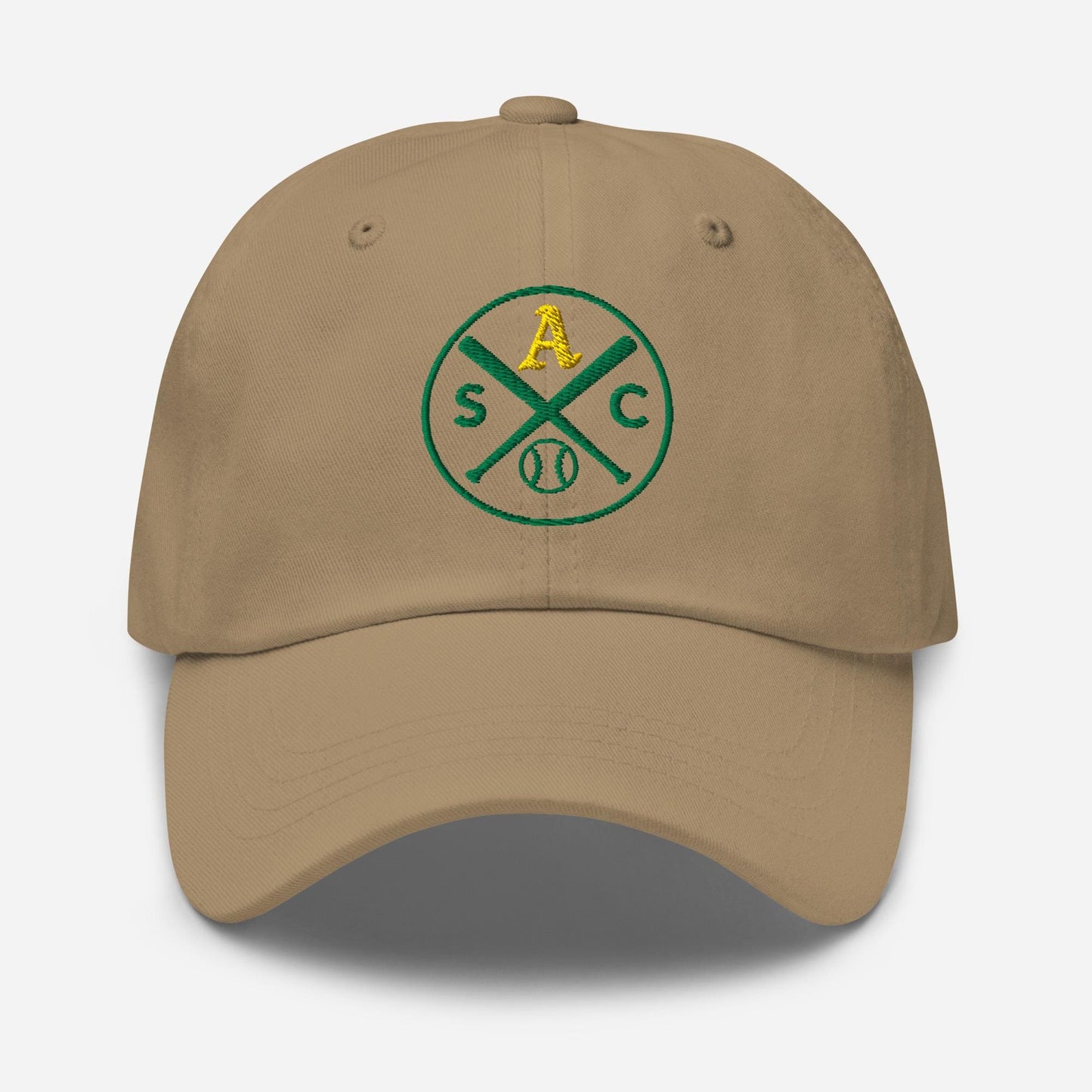 SAC Baseball Logo Cap – Sacramento Baseball Fan Hat (gold A, green logo)