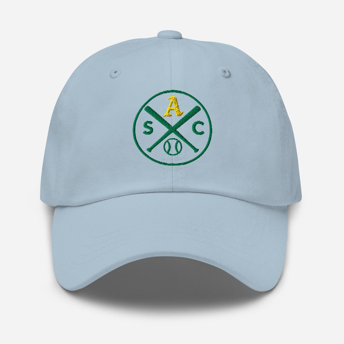 SAC Baseball Logo Cap – Sacramento Baseball Fan Hat (gold A, green logo)