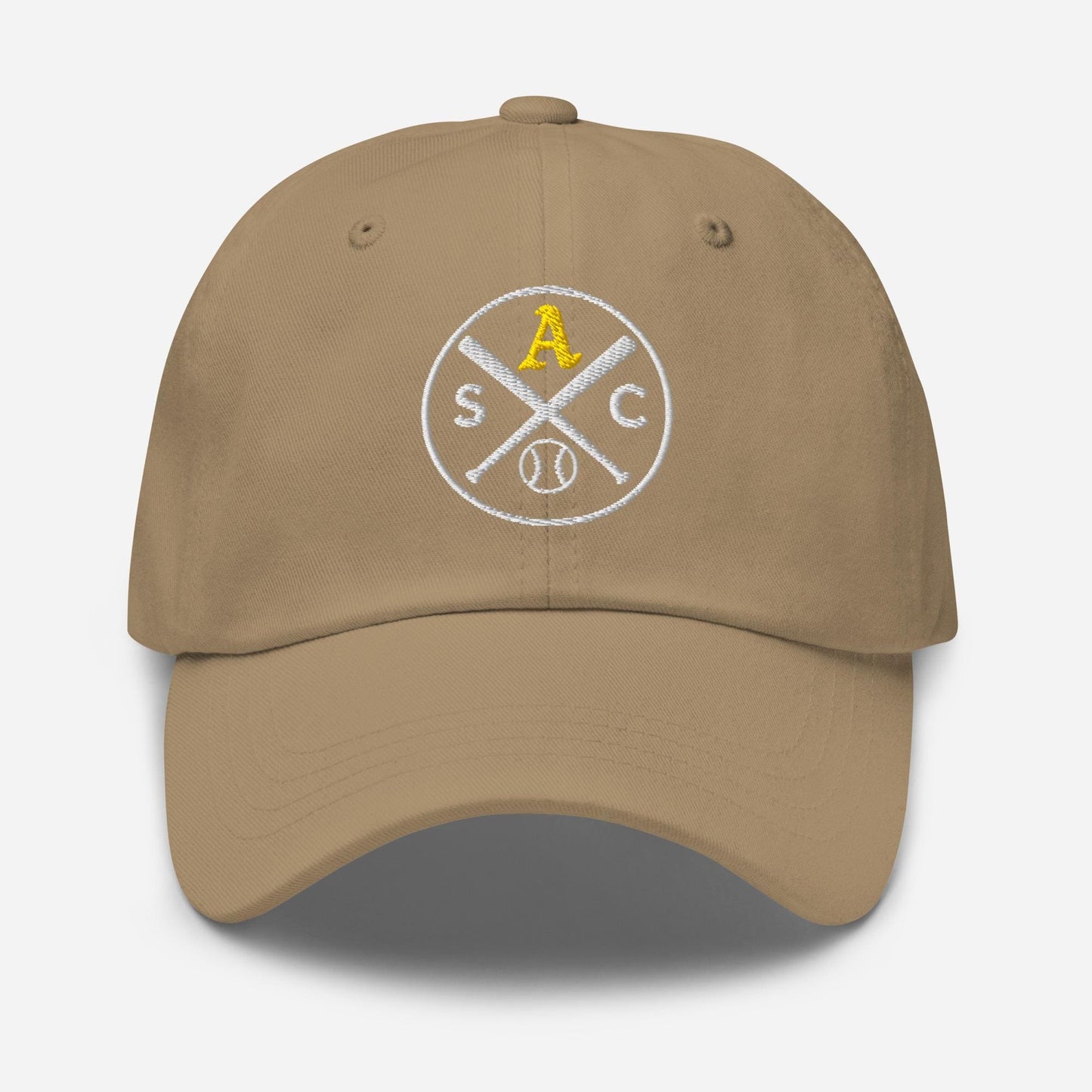 SAC Baseball Logo Cap – Sacramento Baseball Fan Hat (gold A, white logo)