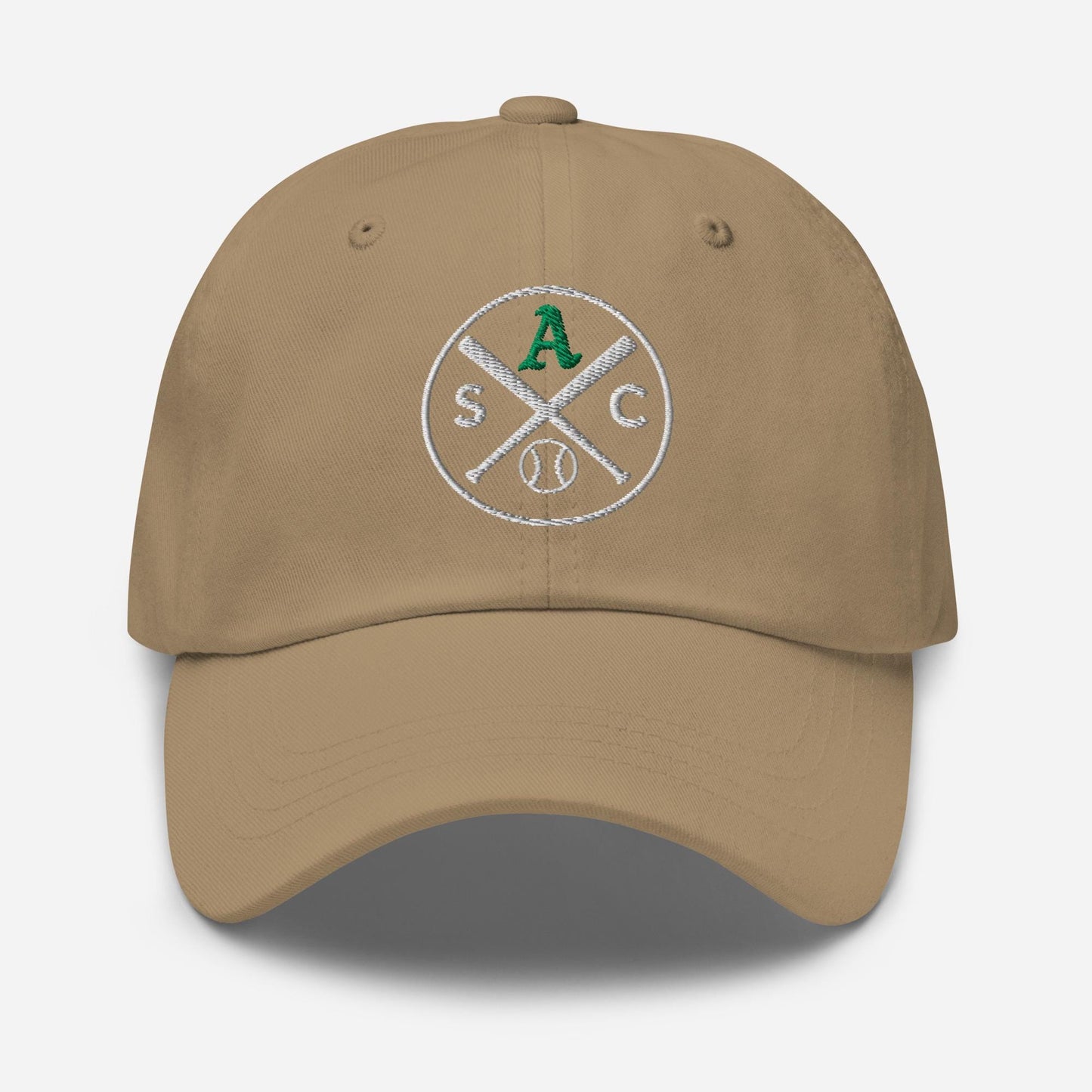 SAC Baseball Logo Cap – Sacramento Baseball Fan Hat (green A, white logo)