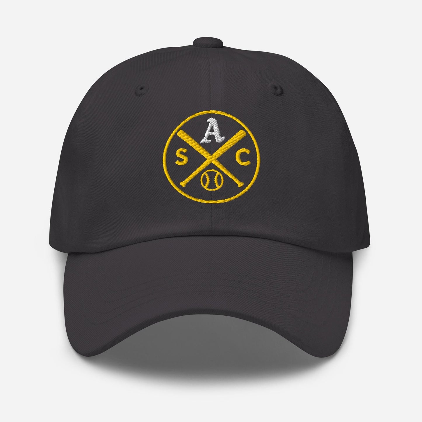 SAC Baseball Logo Cap – Sacramento Baseball Fan Hat (white A, gold logo)