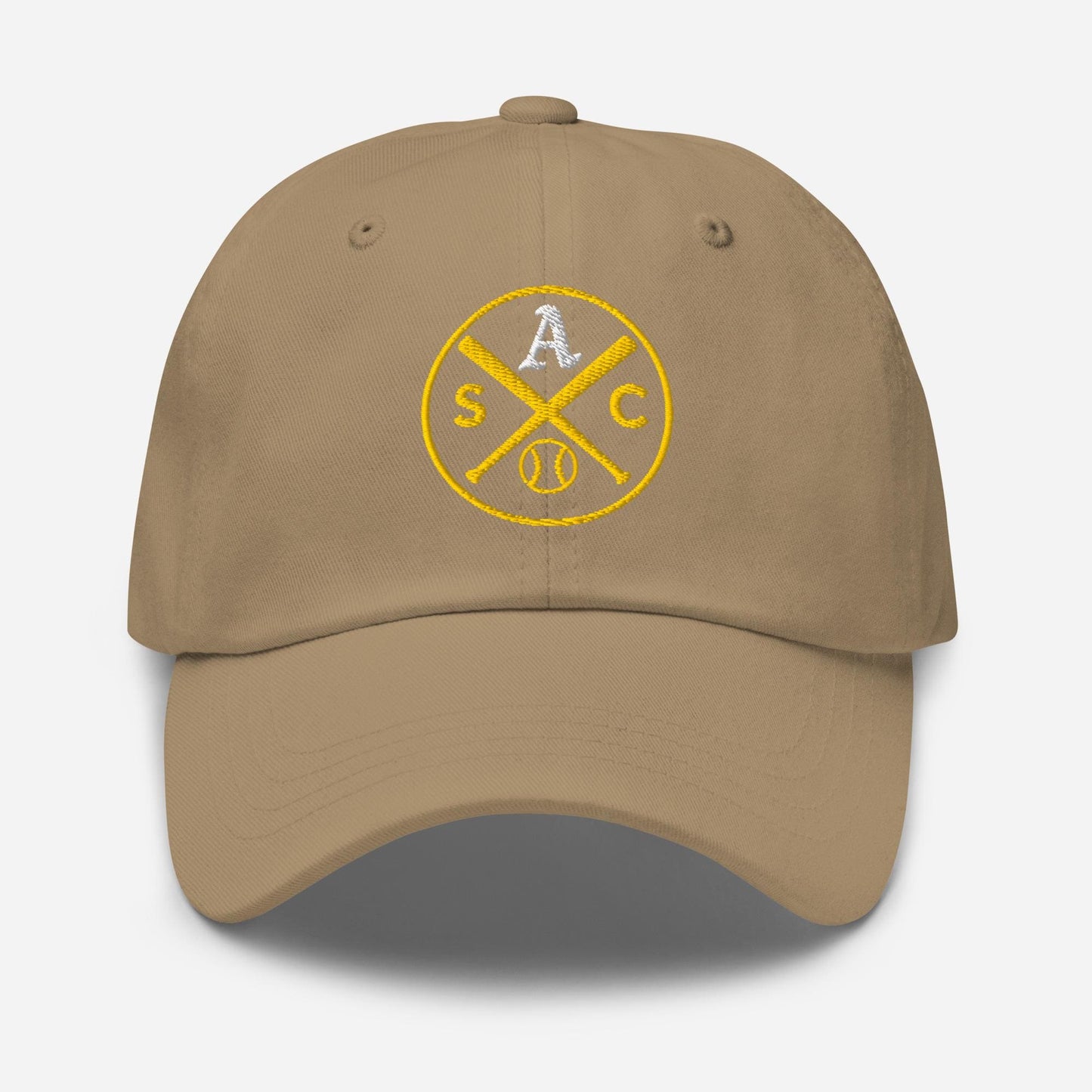 SAC Baseball Logo Cap – Sacramento Baseball Fan Hat (white A, gold logo)