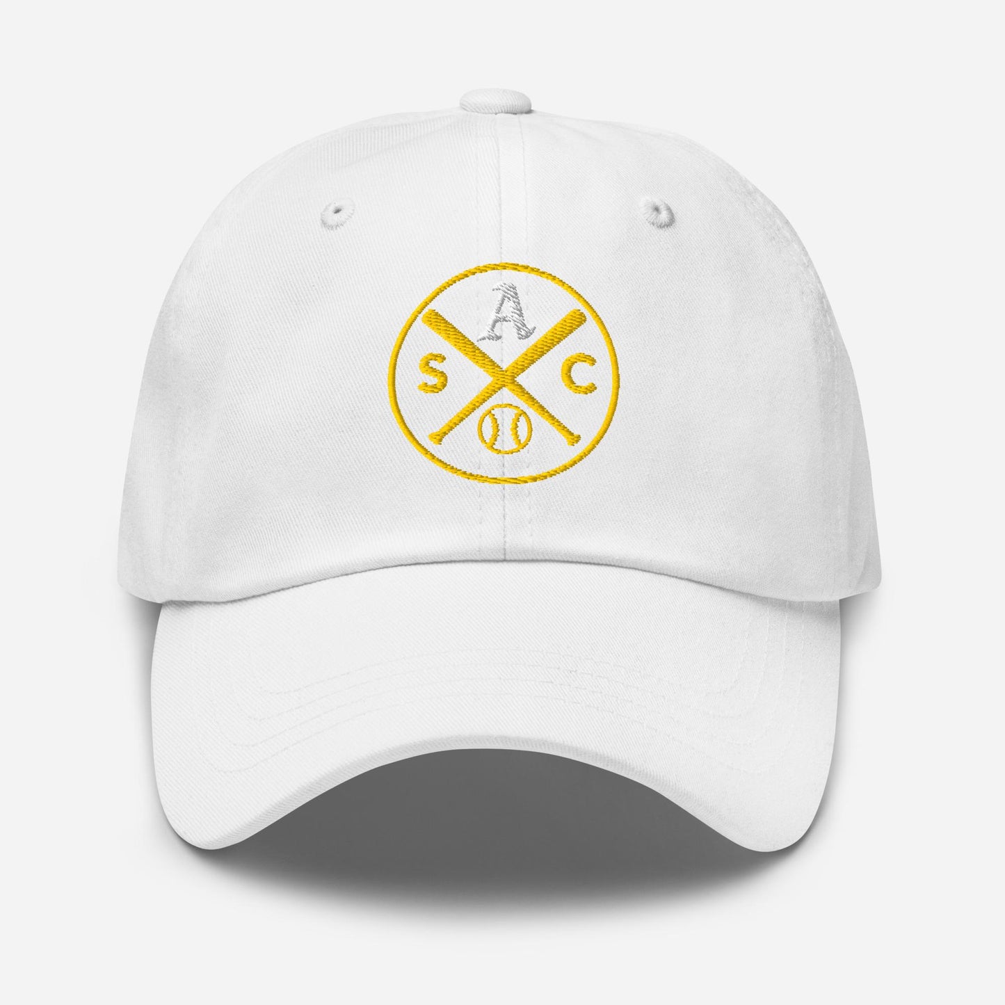 SAC Baseball Logo Cap – Sacramento Baseball Fan Hat (white A, gold logo)