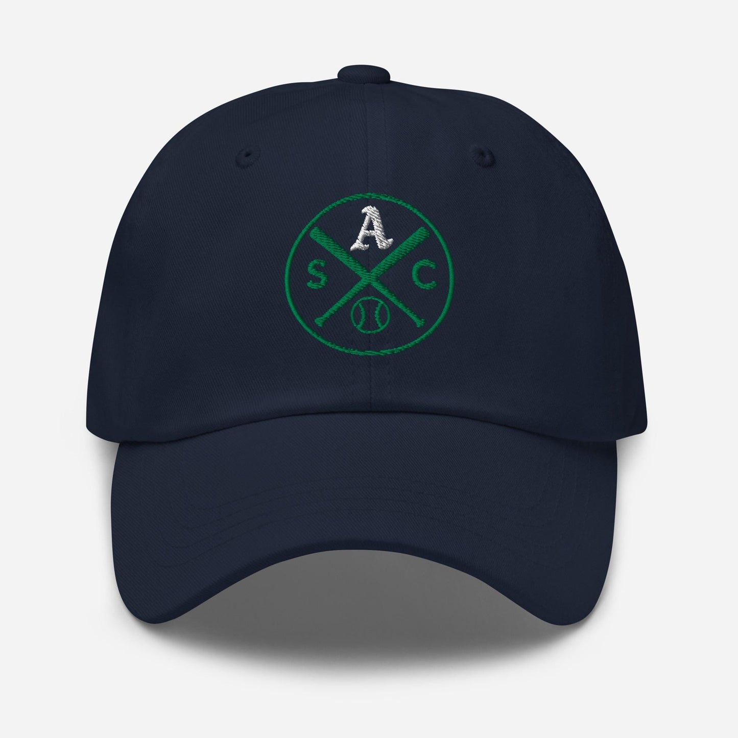 SAC Baseball Logo Cap – Sacramento Baseball Fan Hat (white A, green logo)