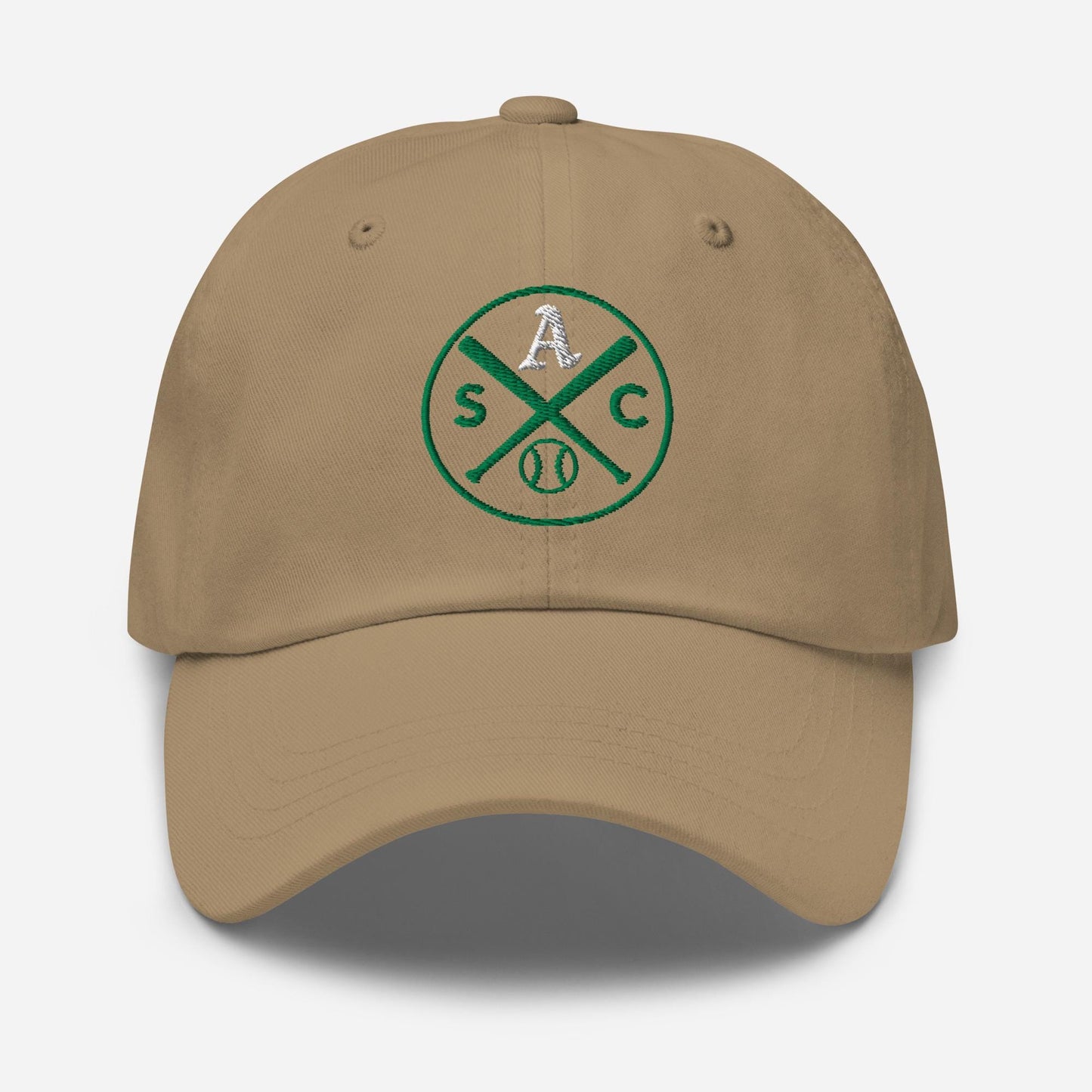 SAC Baseball Logo Cap – Sacramento Baseball Fan Hat (white A, green logo)