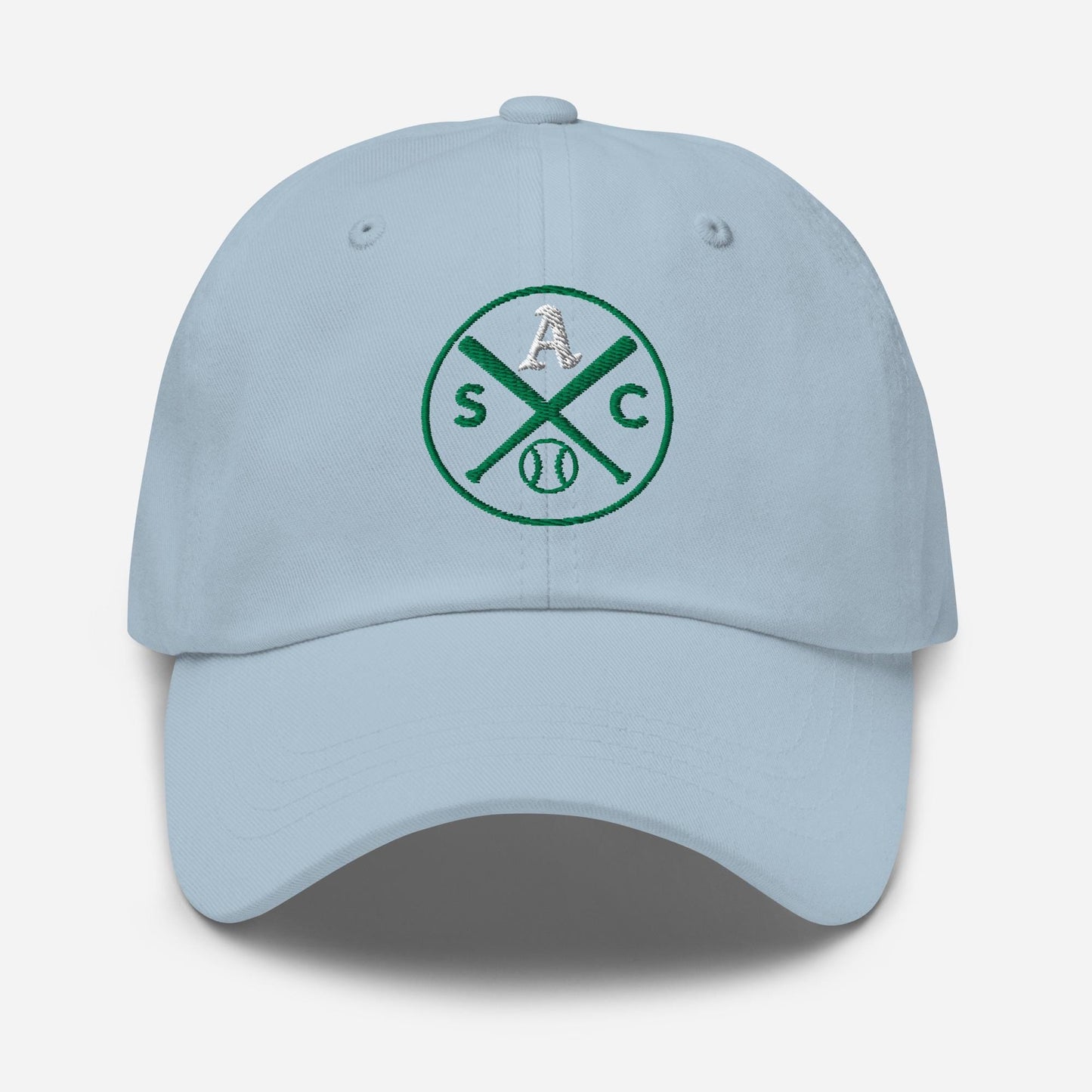 SAC Baseball Logo Cap – Sacramento Baseball Fan Hat (white A, green logo)