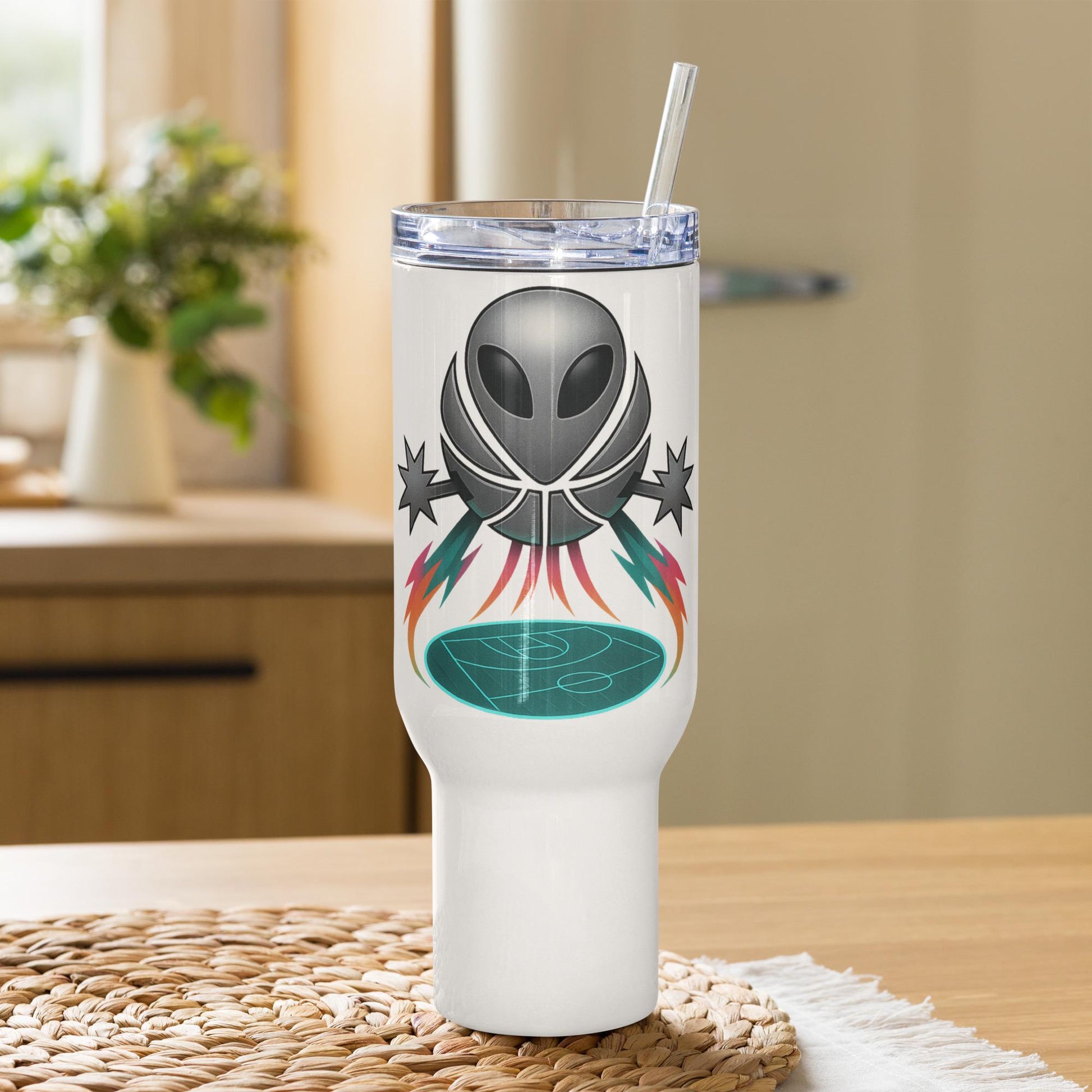 Wembalien Glow Court Tumbler | Spurs UFO Basketball Design | Travel mug with a handle