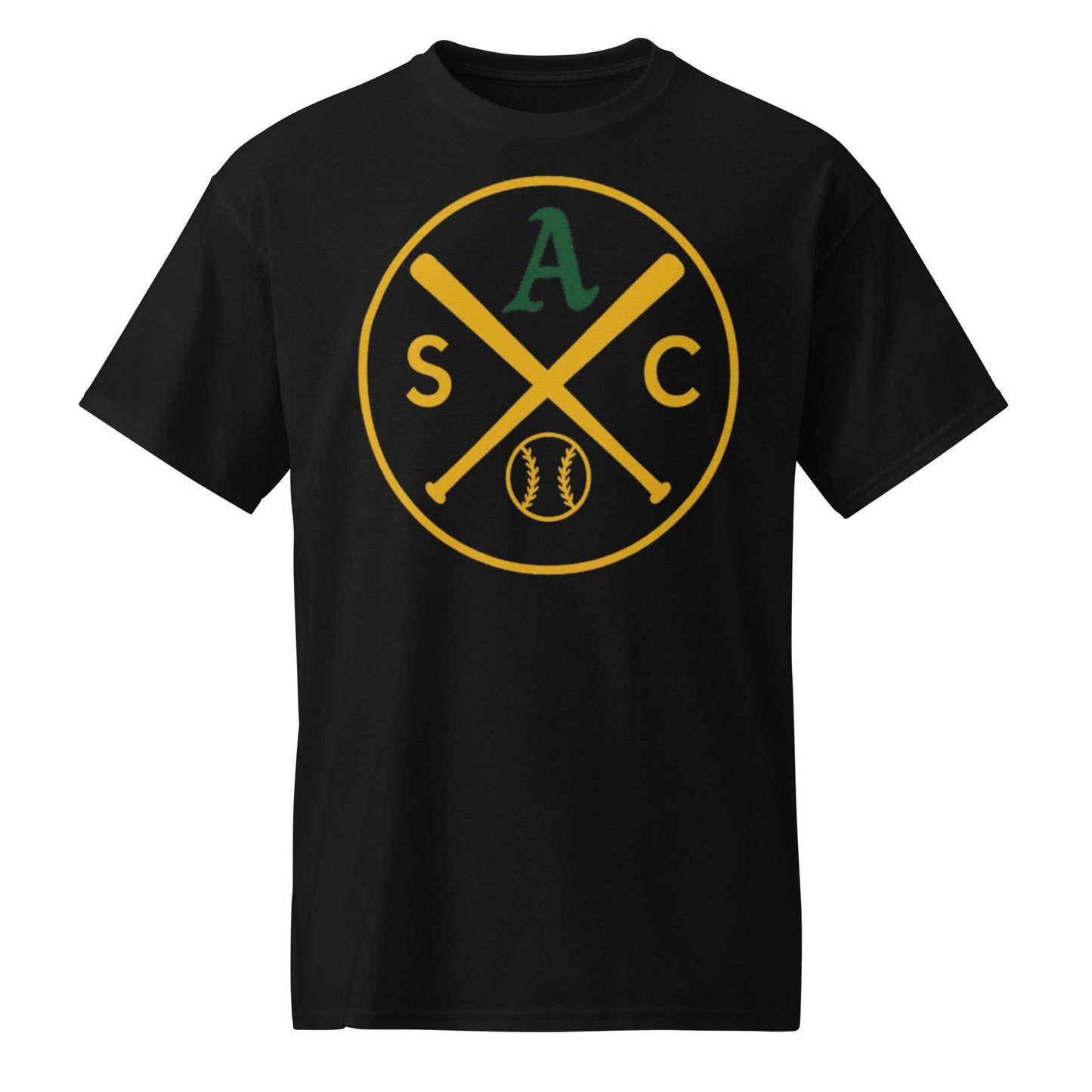SAC Baseball Logo Shirt – Sacramento Baseball Tee (Green A, Gold Logo)