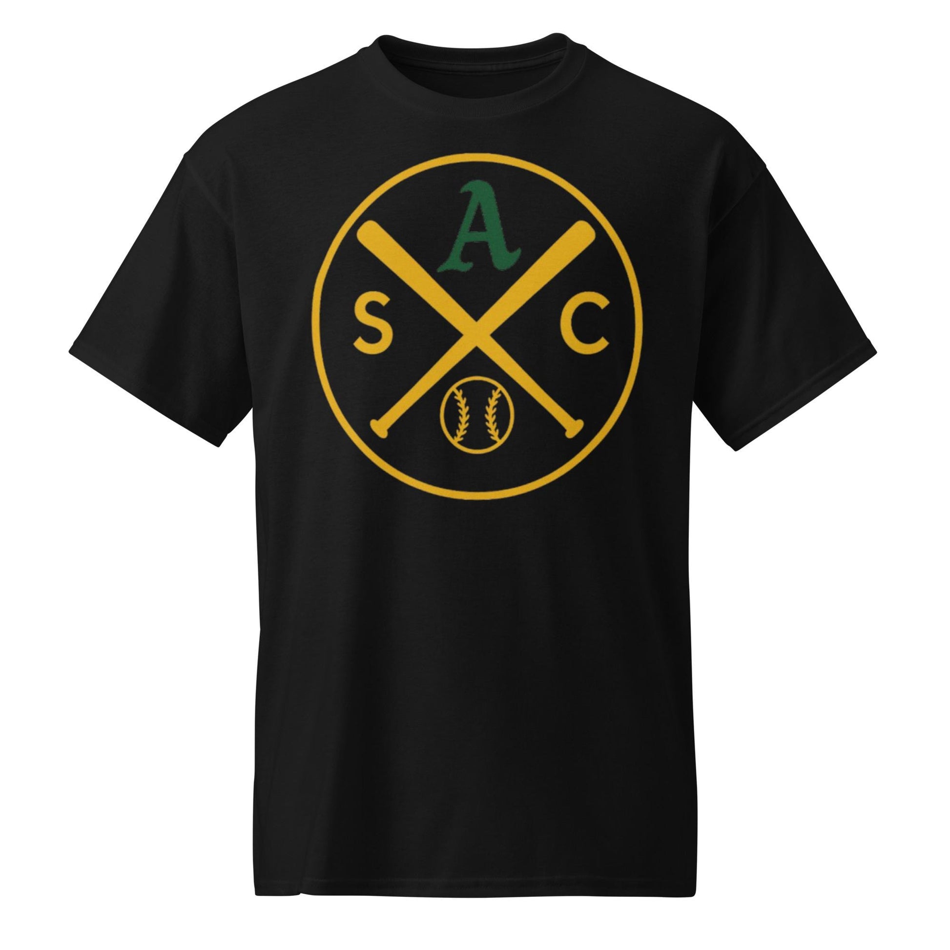 SAC Baseball Logo Shirt – Sacramento Baseball Tee (Green A, Gold Logo)
