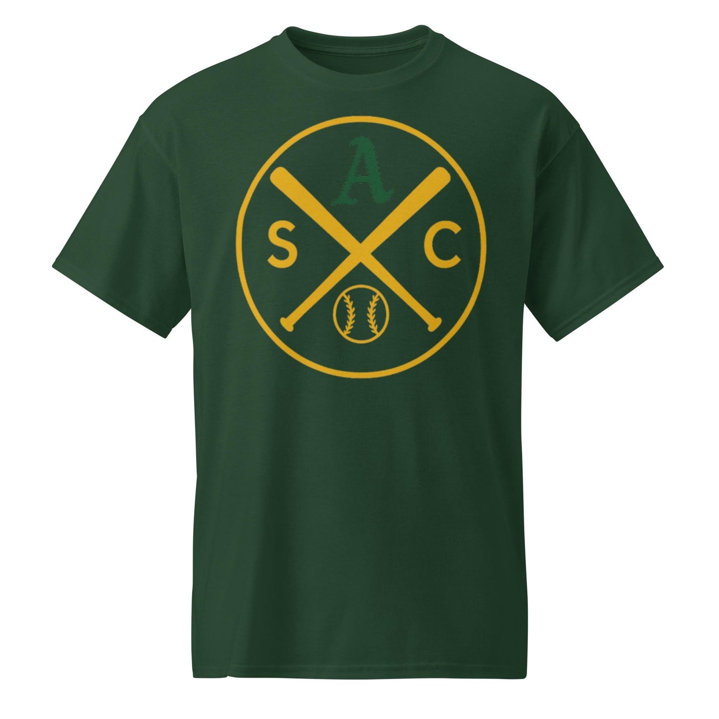 SAC Baseball Logo Shirt – Sacramento Baseball Tee (Green A, Gold Logo)