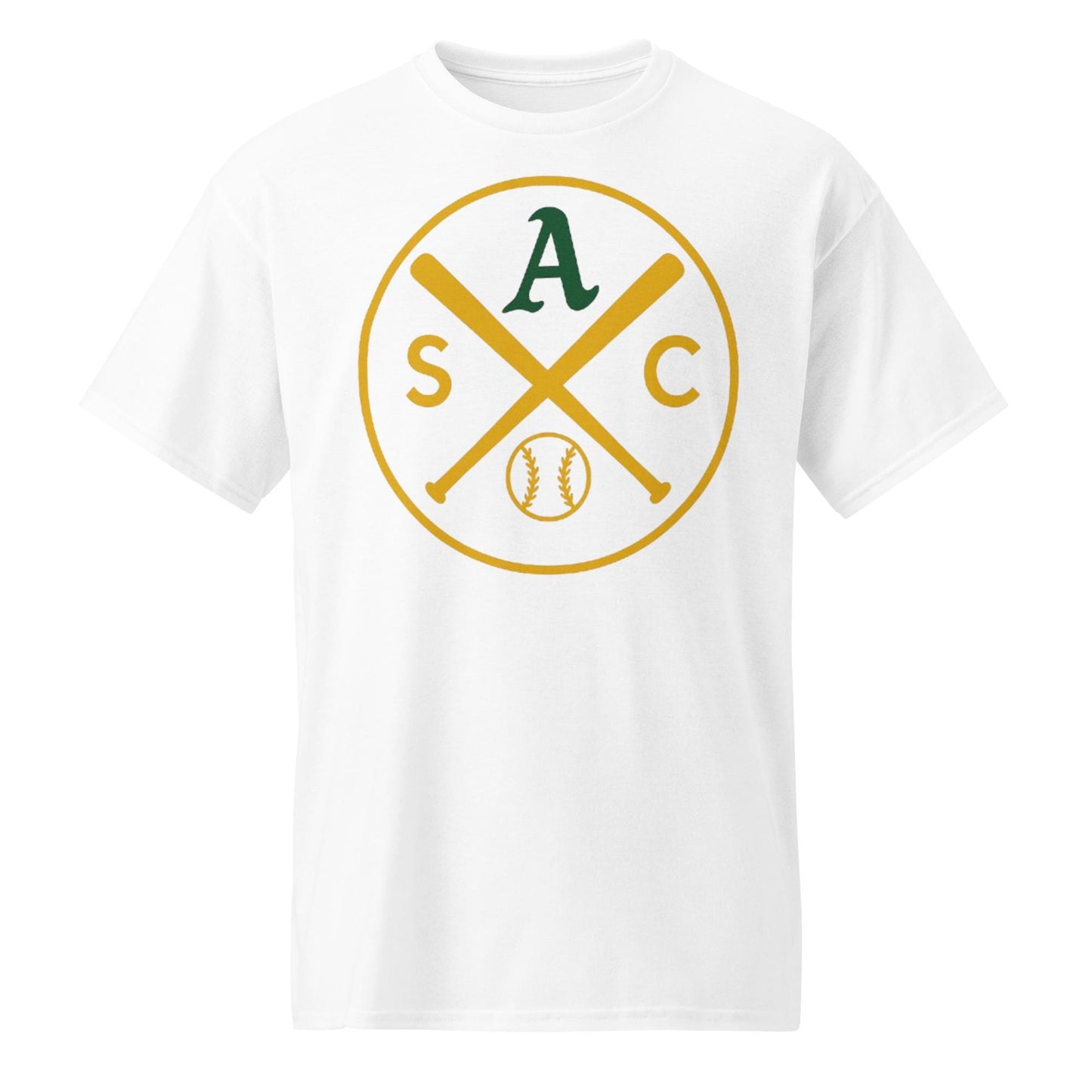 SAC Baseball Logo Shirt – Sacramento Baseball Tee (Green A, Gold Logo)