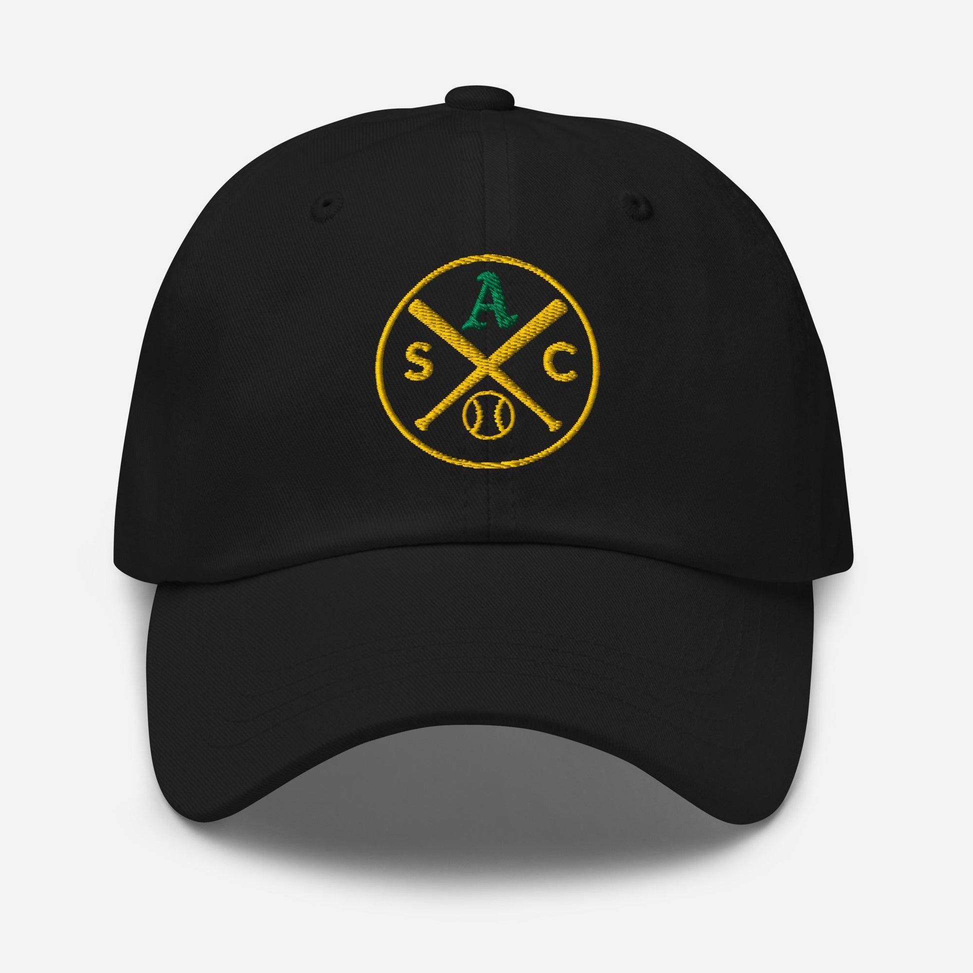 SAC Baseball Logo Cap – Sacramento Baseball Fan Hat (green A, gold logo)