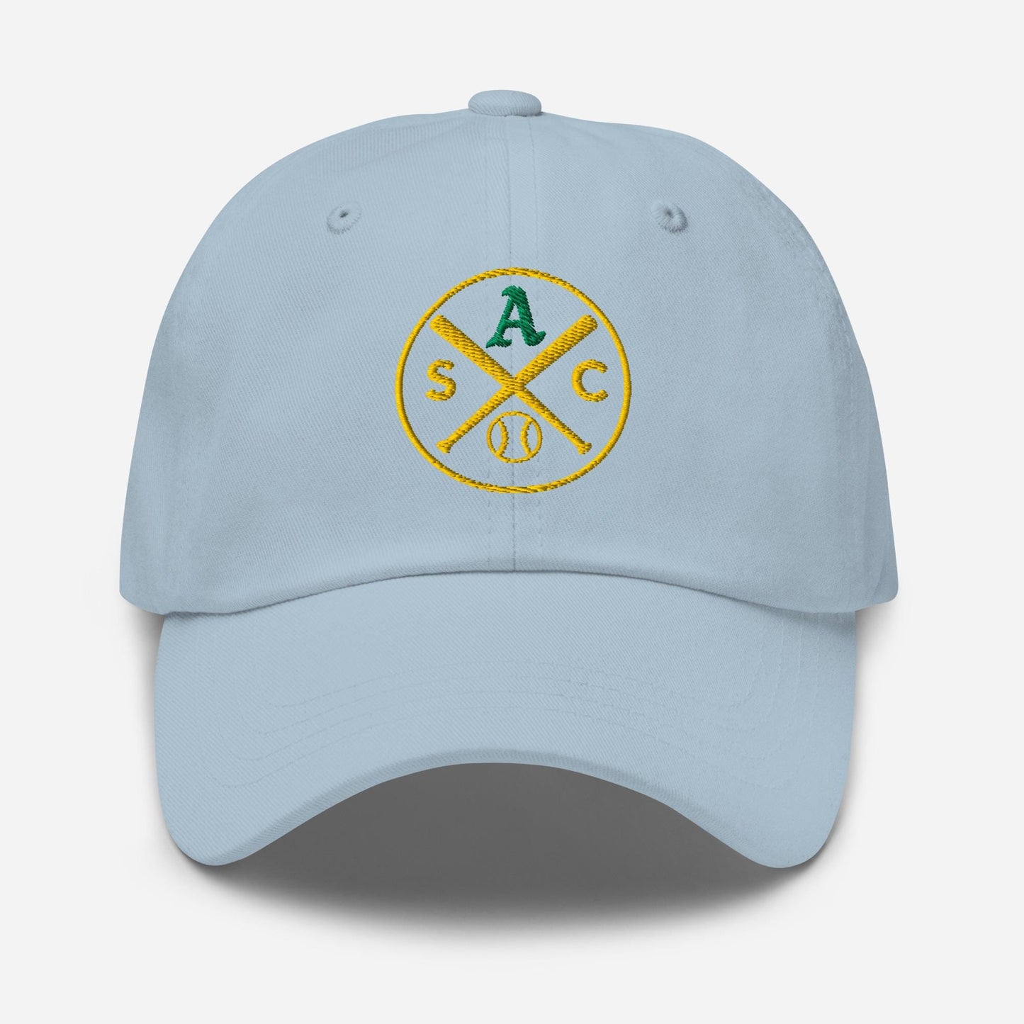 SAC Baseball Logo Cap – Sacramento Baseball Fan Hat (green A, gold logo)