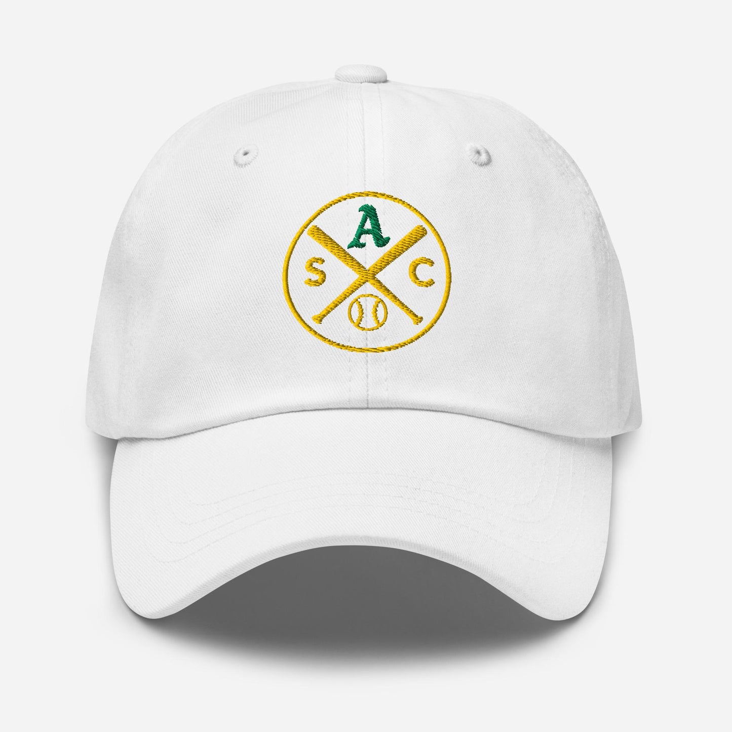SAC Baseball Logo Cap – Sacramento Baseball Fan Hat (green A, gold logo)