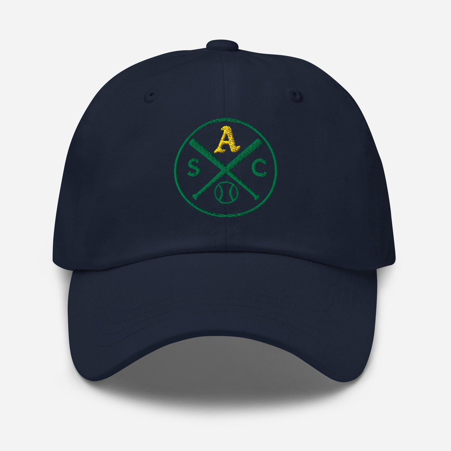 SAC Baseball Logo Cap – Sacramento Baseball Fan Hat (gold A, green logo)